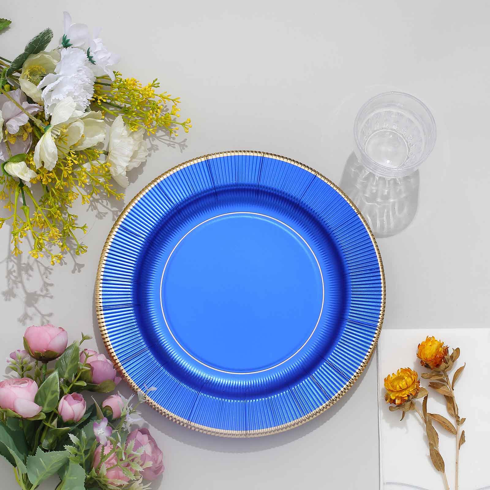 25-Pack Paper 10 Round Dinner Plates in Royal Blue Sunray Design with Gold Rim - Disposable Heavy Duty 350GSM Party Plates