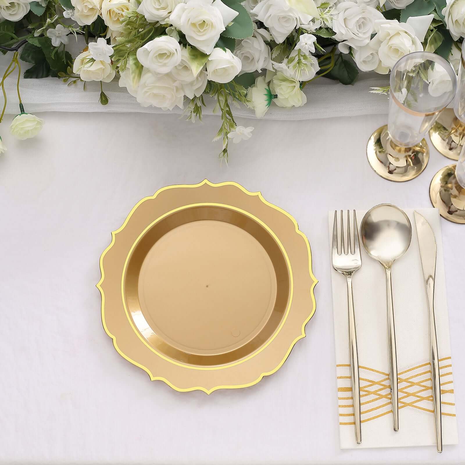 10-Pack Plastic 8 Round Desert Plates in Gold with Gold Scalloped Rim - Disposable Appetizer/Salad Plates