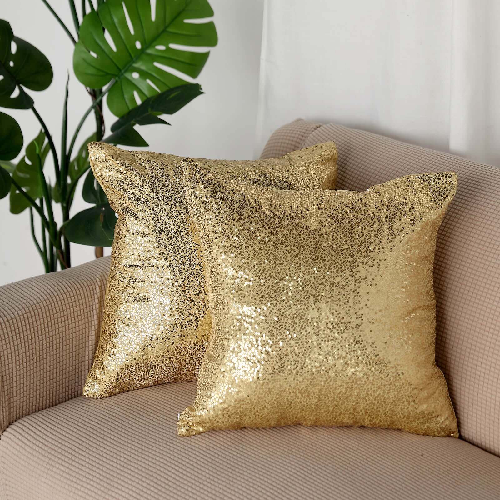 2 Pack 18x18 Sequin Throw Pillow Cover, Decorative Cushion Case - Square Champagne Sequin