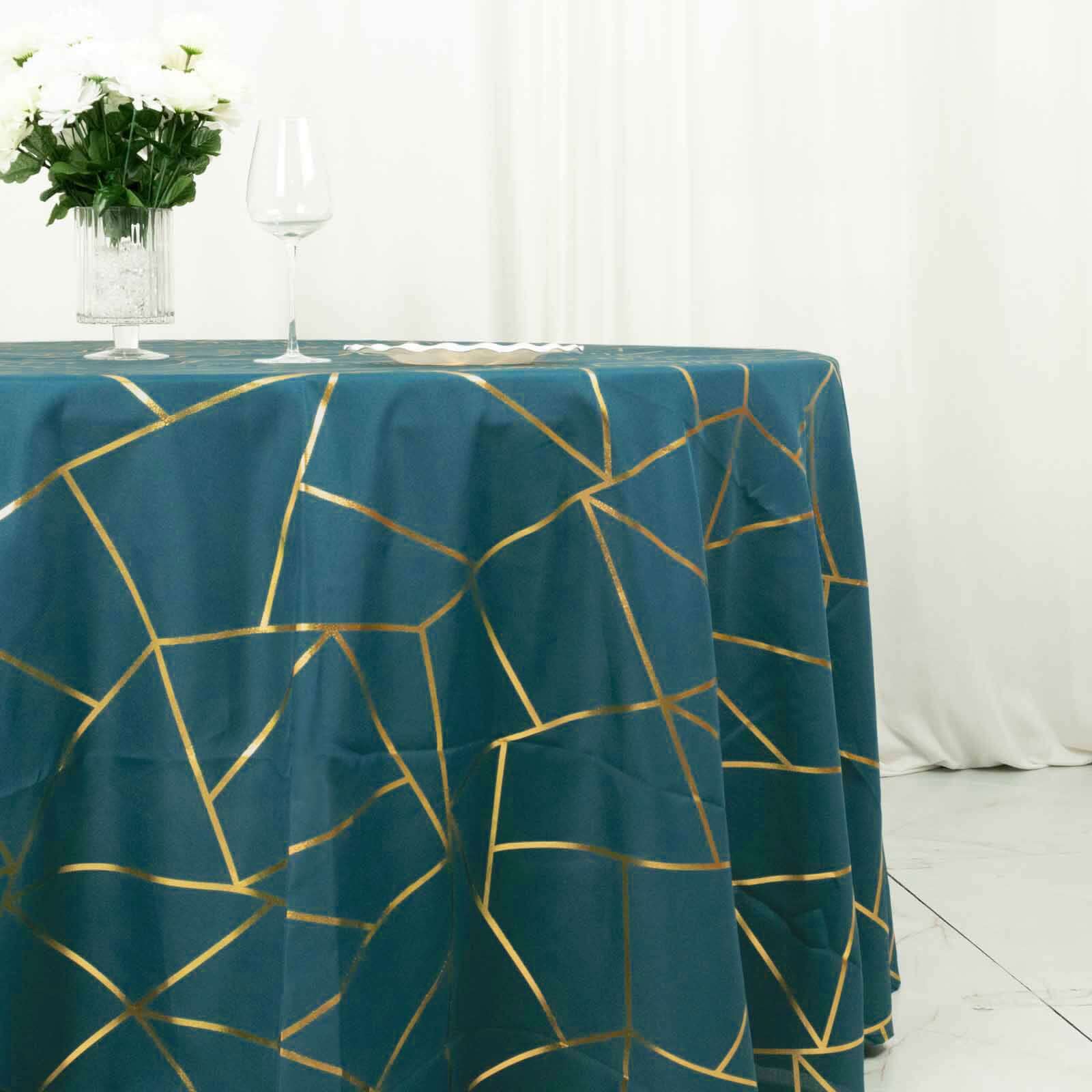 120 Peacock Teal Seamless Round Polyester Tablecloth With Gold Foil Geometric Pattern for 5 Foot Table With Floor-Length Drop