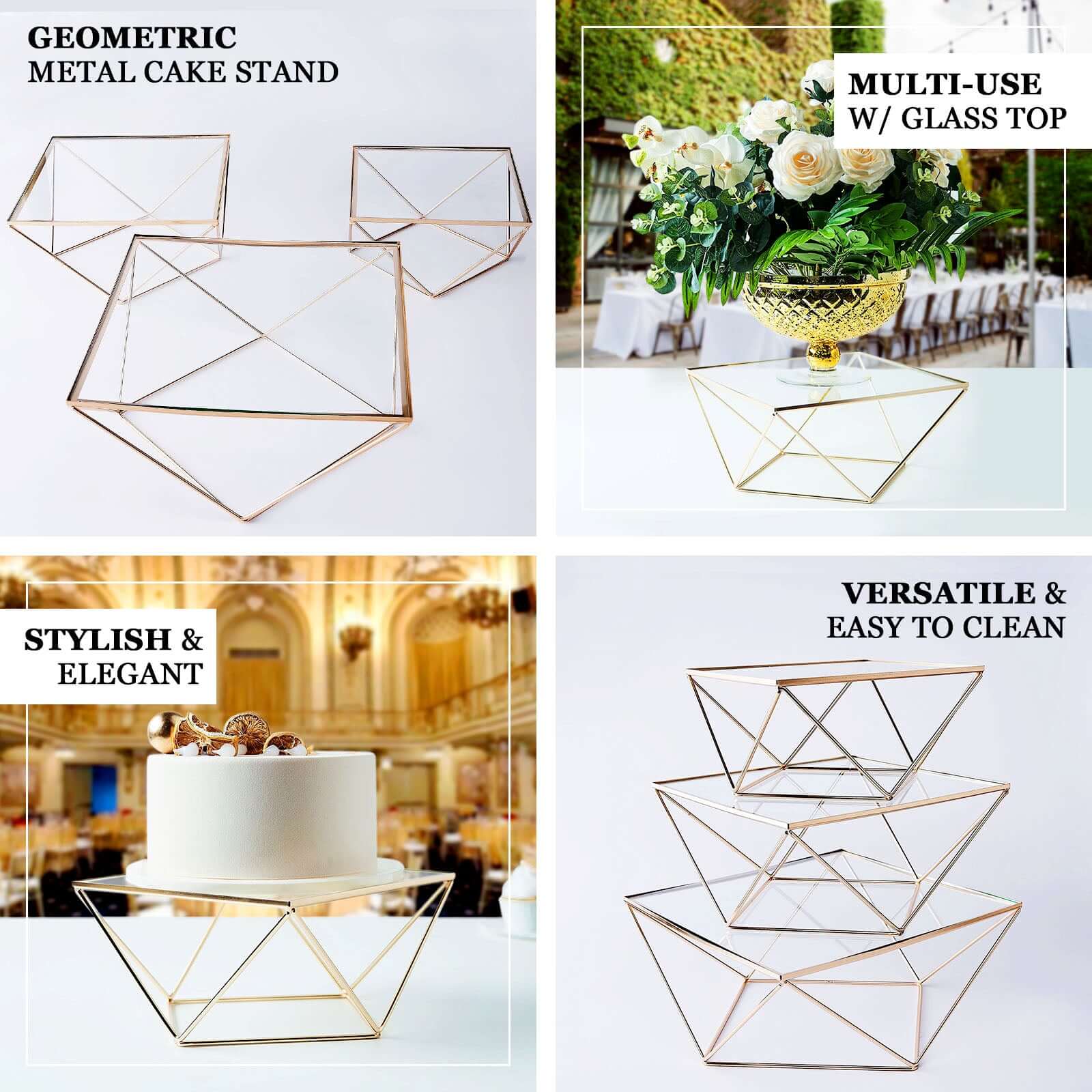 Set of 3 Metal Cake Dessert Stands Geometric Stackable Design Gold with Square Glass Top - Pedestal Display Centerpieces