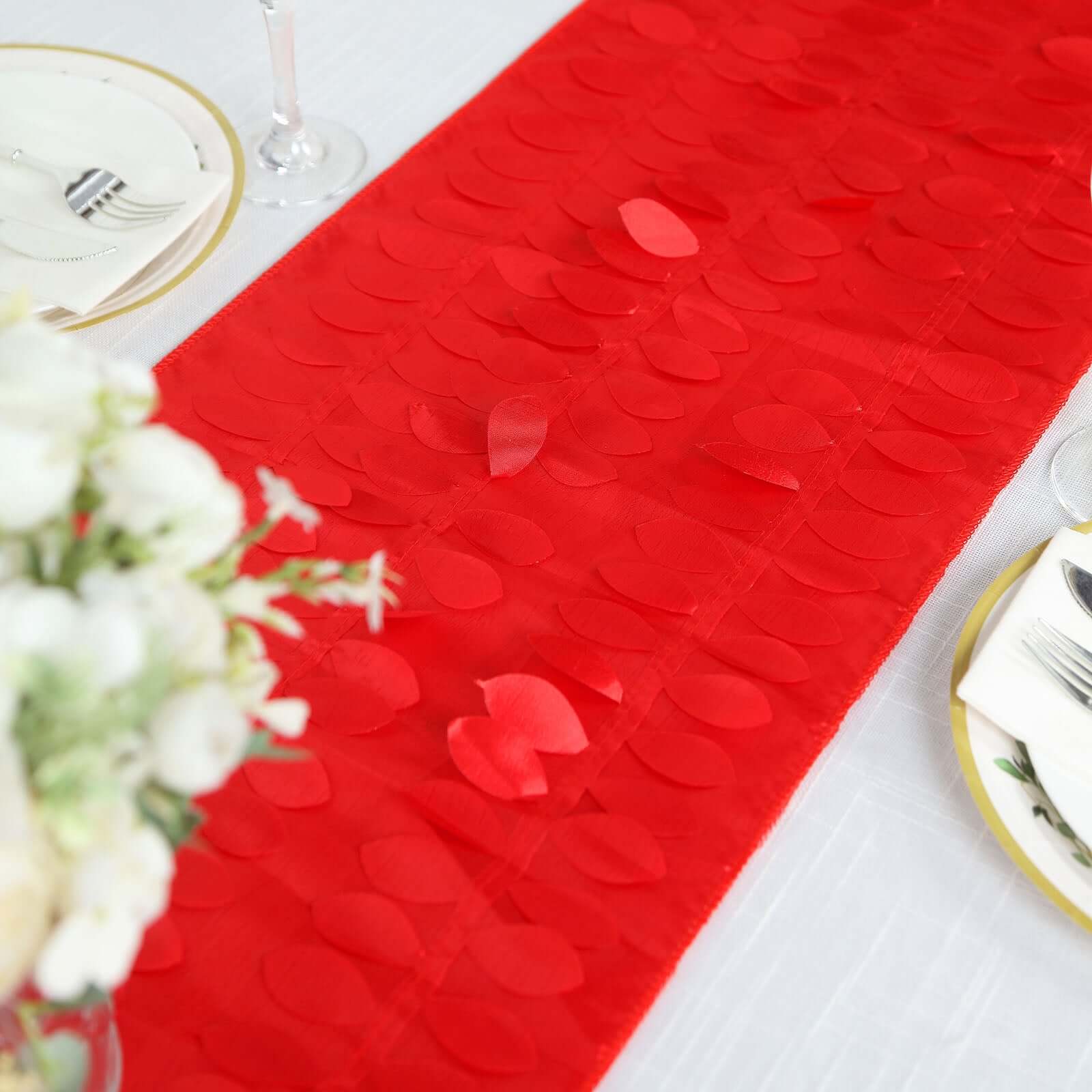 Taffeta Fabric 12x108 Table Runner Red - 3D Leaf Petal Design