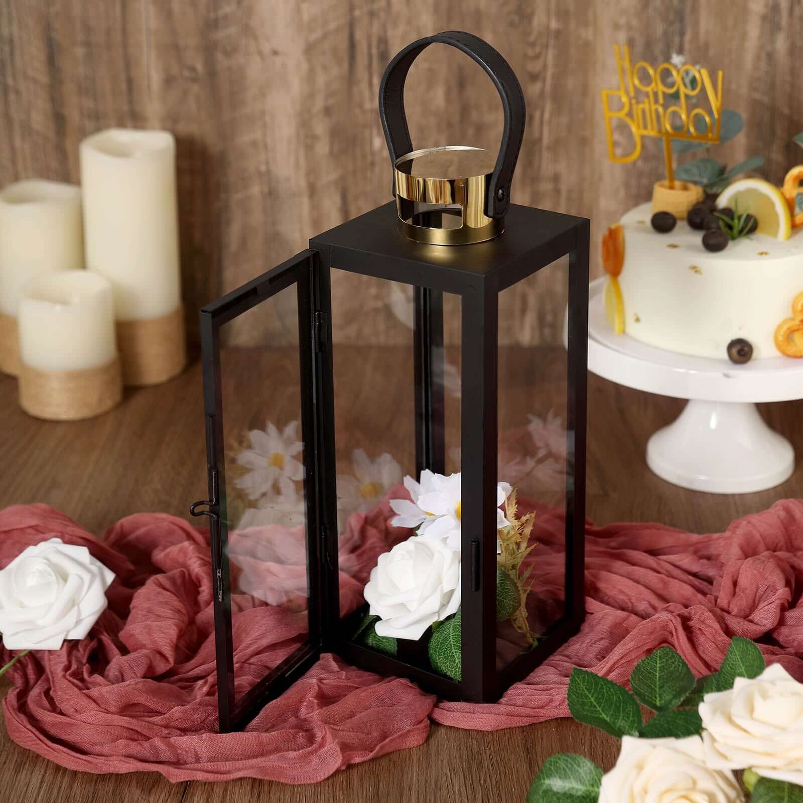 14 Black and Gold Top Stainless Steel Candle Lantern Centerpiece Outdoor Metal Patio Lantern