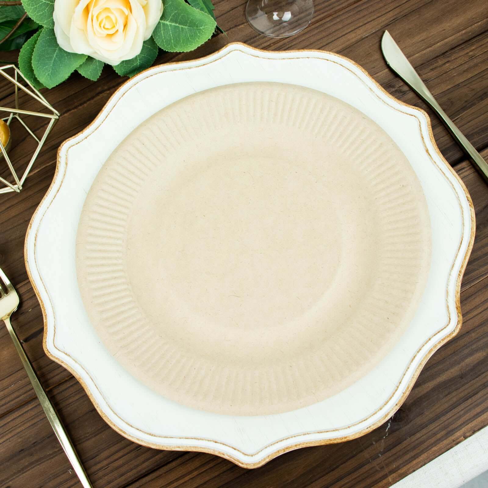 50-Pack Bagasse 10 Round Dinner Plates in Natural with Ribbed Rim - Eco Friendly Biodegradable Sugarcane Party Plates for Events