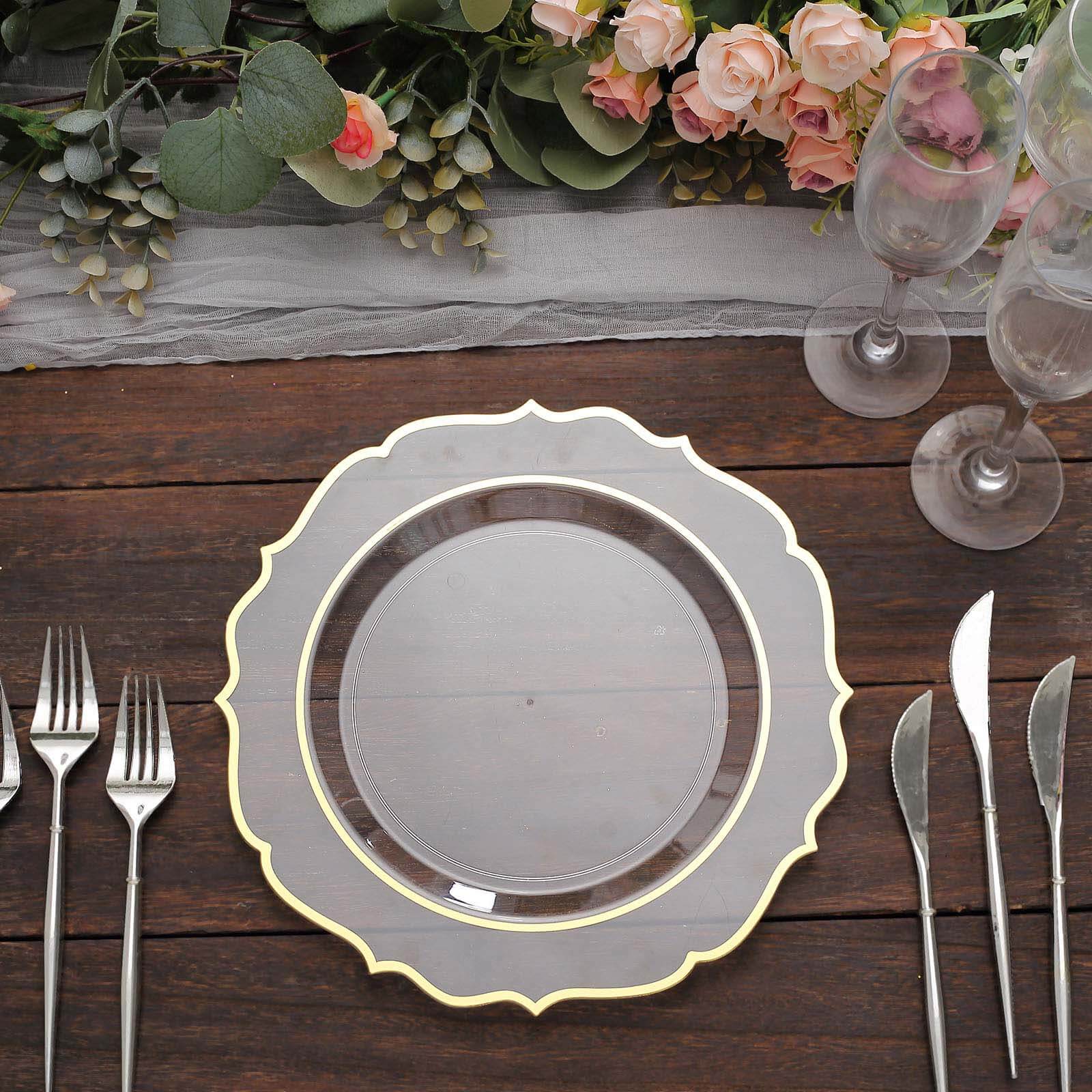 10-Pack Plastic 10 Round Dinner Plates in Clear with Gold Scalloped Rim - Disposable Party Plates