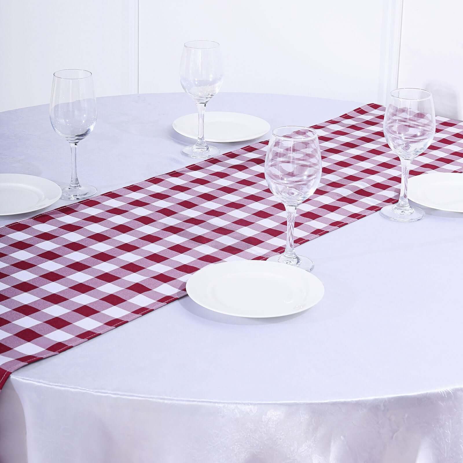 Polyester 14x108 Table Runner Burgundy/White - Gingham Plaid Design