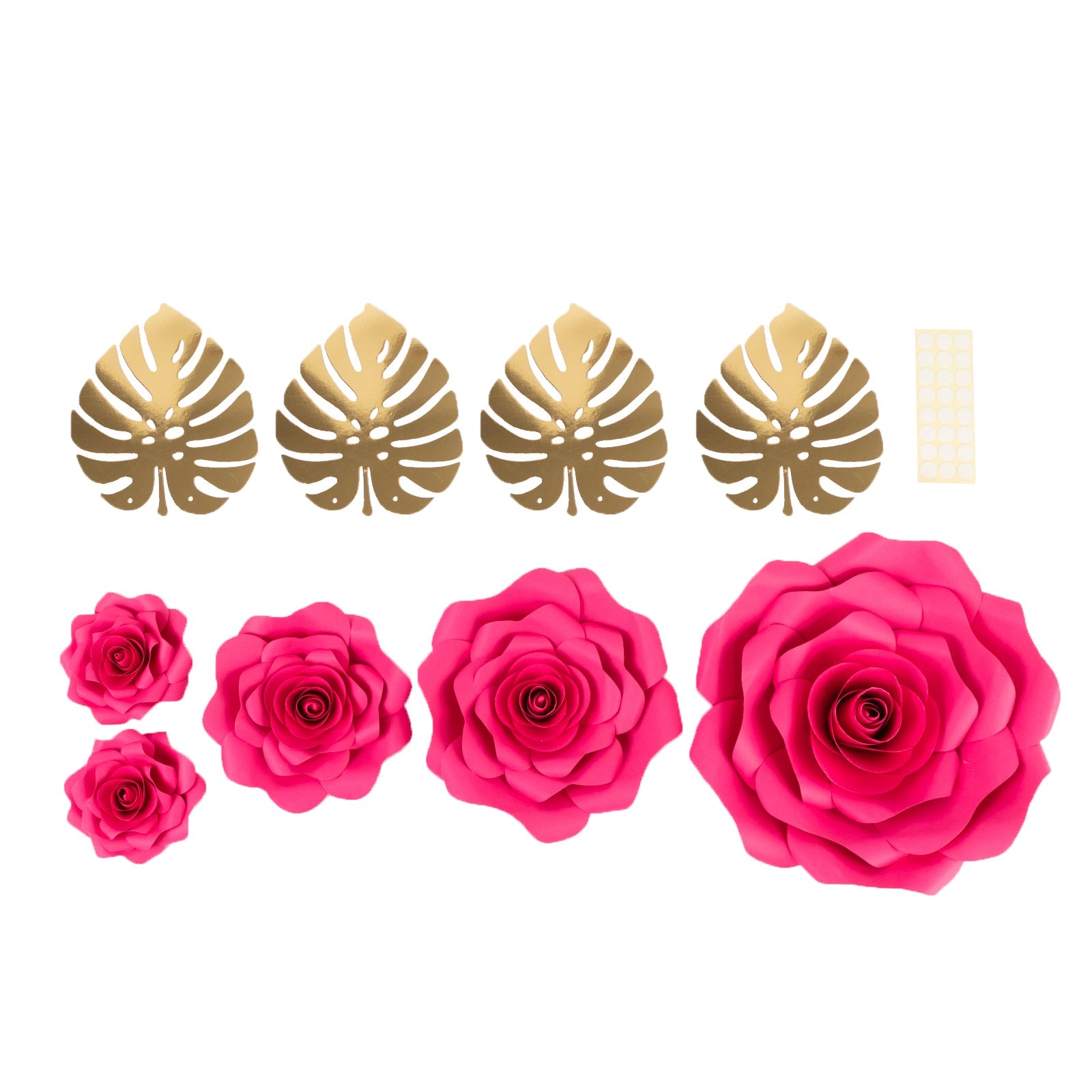 Set of 9 Fuchsia 3D Rose Paper Flowers with Gold Tropical Palm Leaves, Party Flower Backdrop Hanging Wall Decor