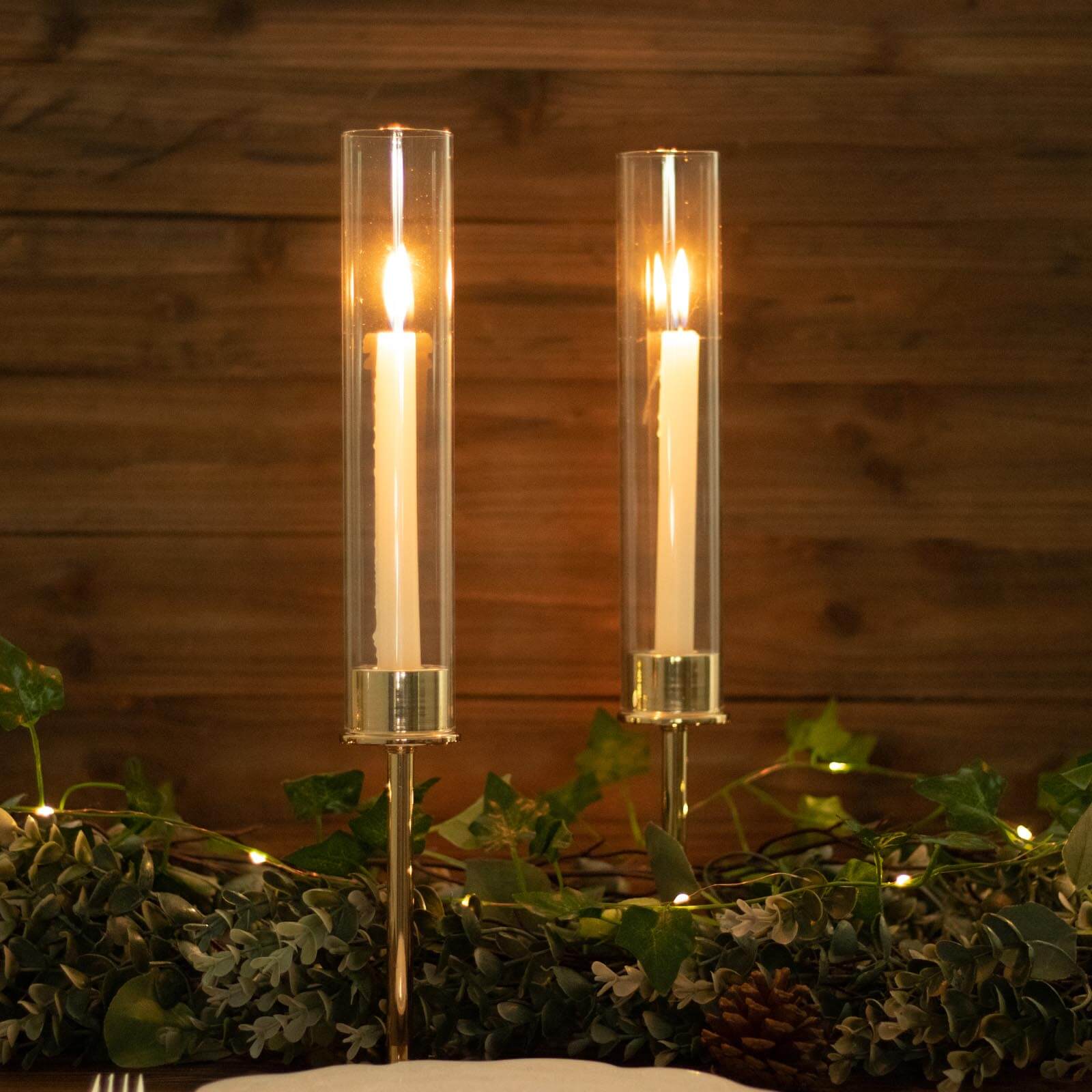 2-Pack Gold Metal Taper Candlestick Holders, Clear Glass Hurricane Candle Stands With Chimney Candle Shades 16