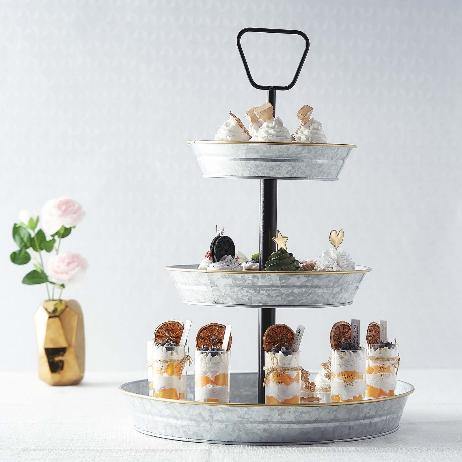 3-Tier Galvanized Metal Cupcake Stand 20 Silver - Sturdy Dessert Serving Tray Platter for Rustic Themed Weddings Backyard Parties & Holiday Spreads