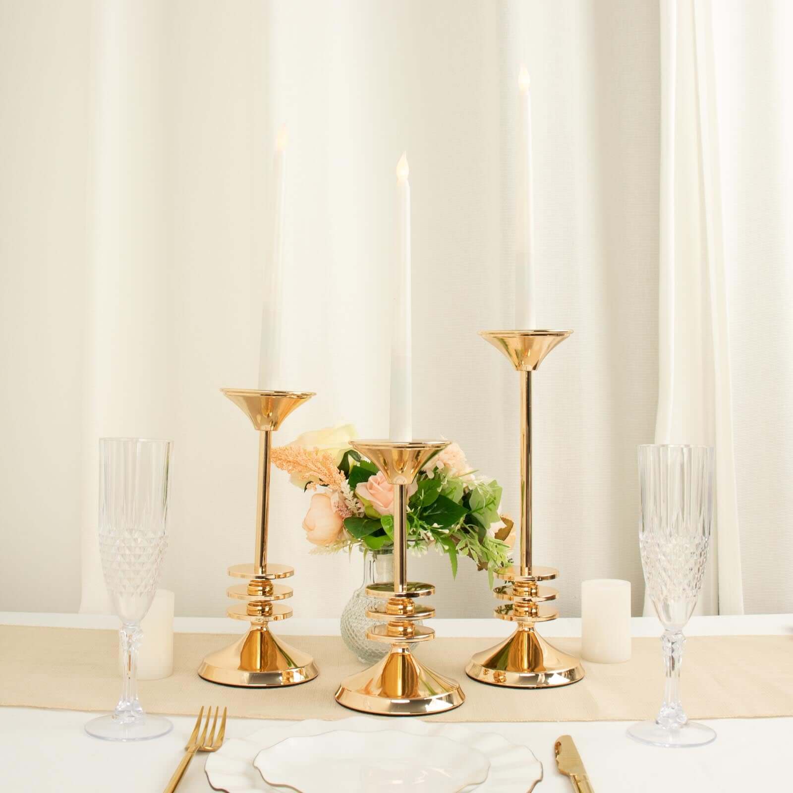 Set of 3 Taper Candlestick Holders Gold Metal with 3 Disk Pedestal Design - Decorative Centerpieces 9, 11, 13