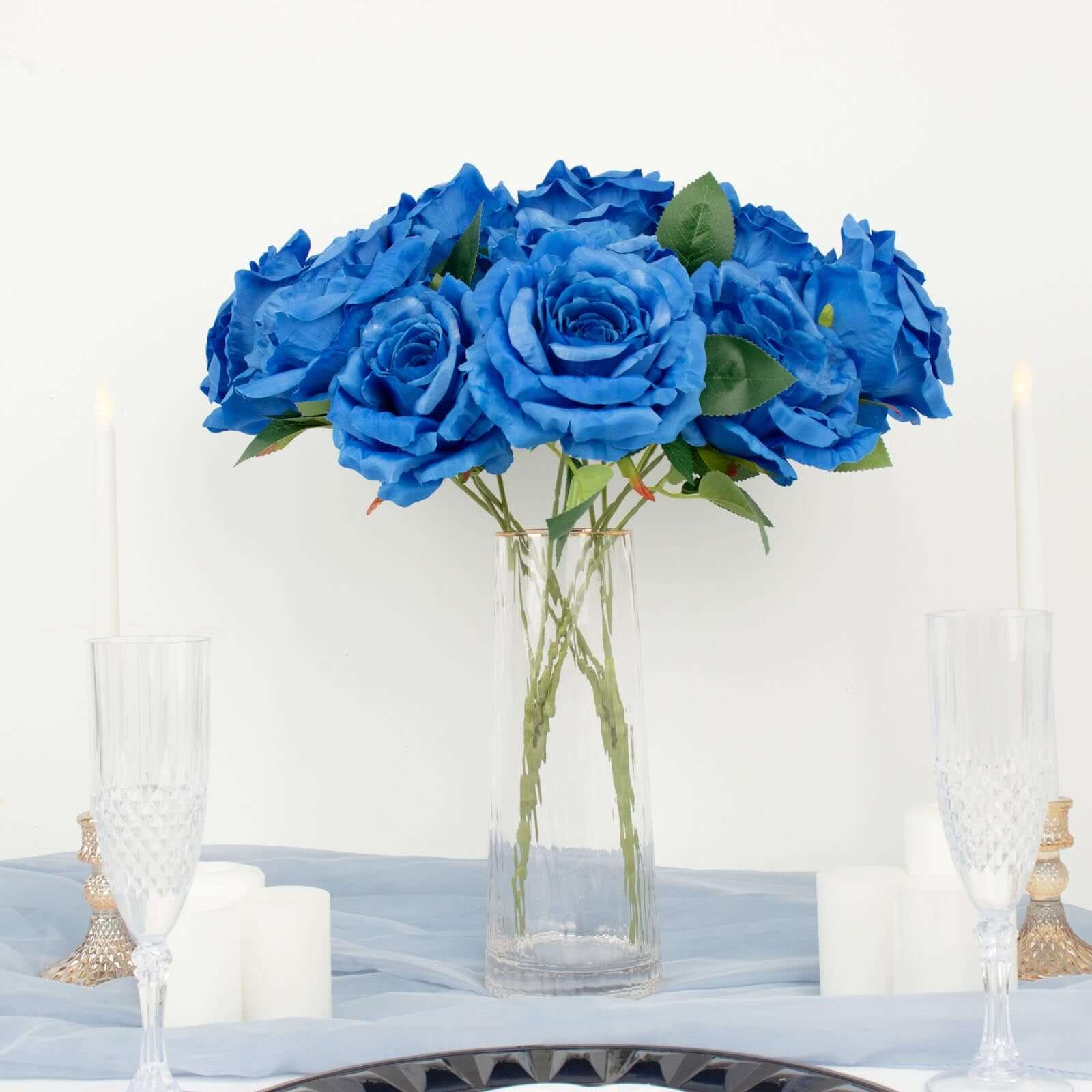 2 Bushes 17 Royal Blue Premium Silk Jumbo Rose Flower Bouquet, High Quality Artificial Wedding Floral Arrangements