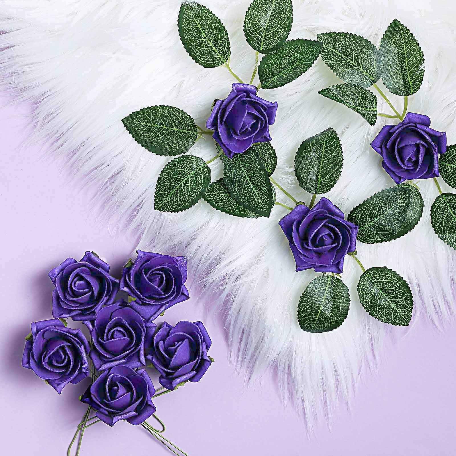 24 Roses 2 Purple Artificial Foam Flowers With Stem Wire and Leaves