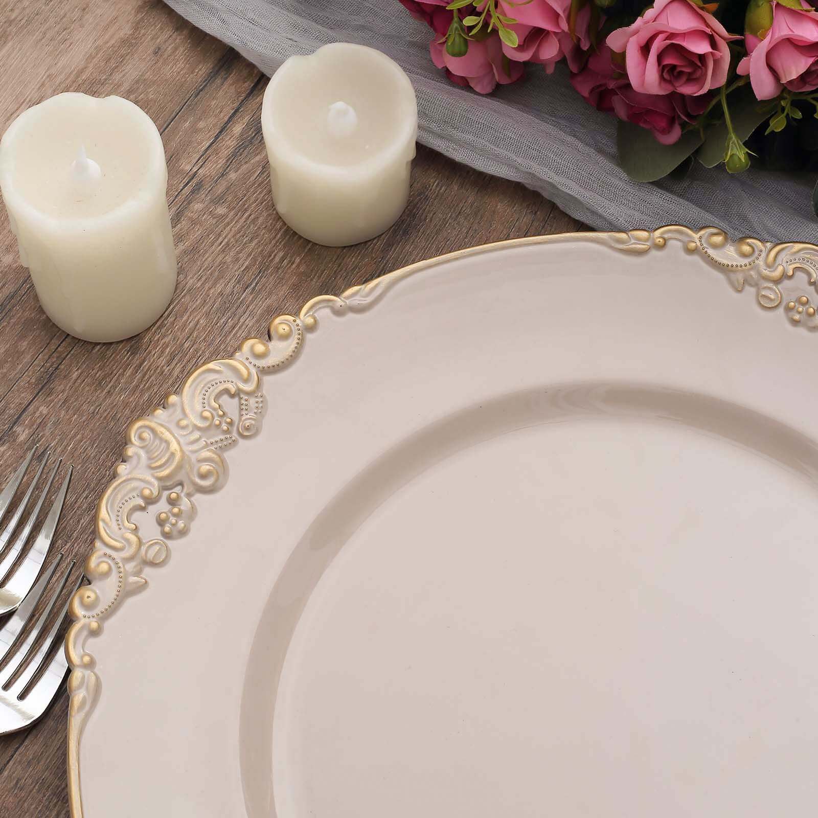 6-Pack Acrylic Round Charger Plates 13 in Nude Taupe with Gold Embossed Baroque Rim, Antique Decorative Dinner Party Charger Tableware