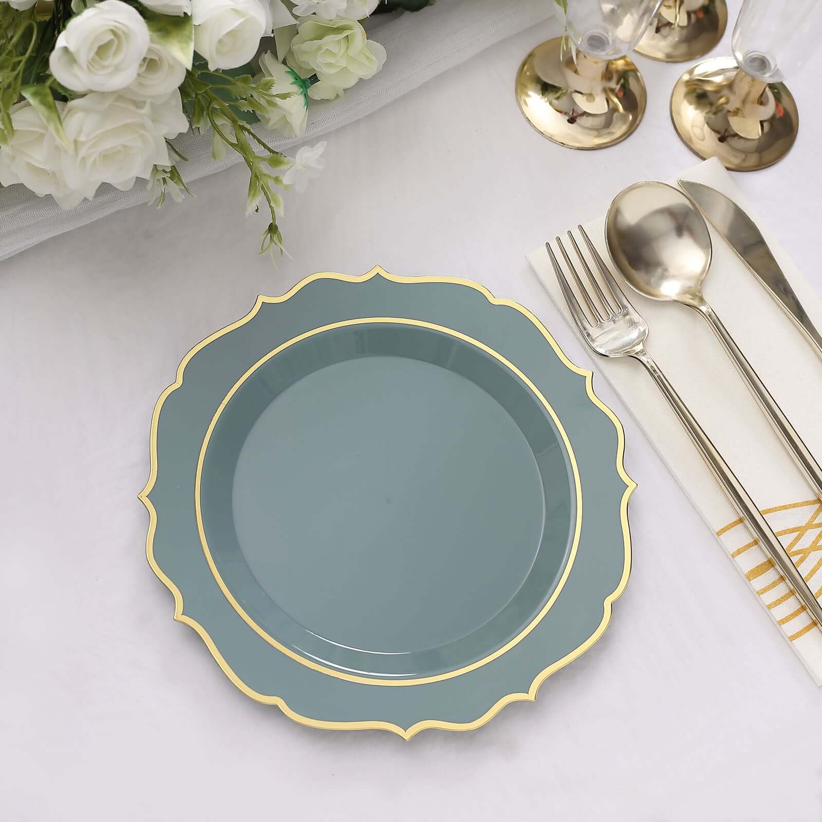 10-Pack Plastic 8 Round Desert Plates in Dusty Blue with Gold Scalloped Rim - Disposable Appetizer/Salad Plates