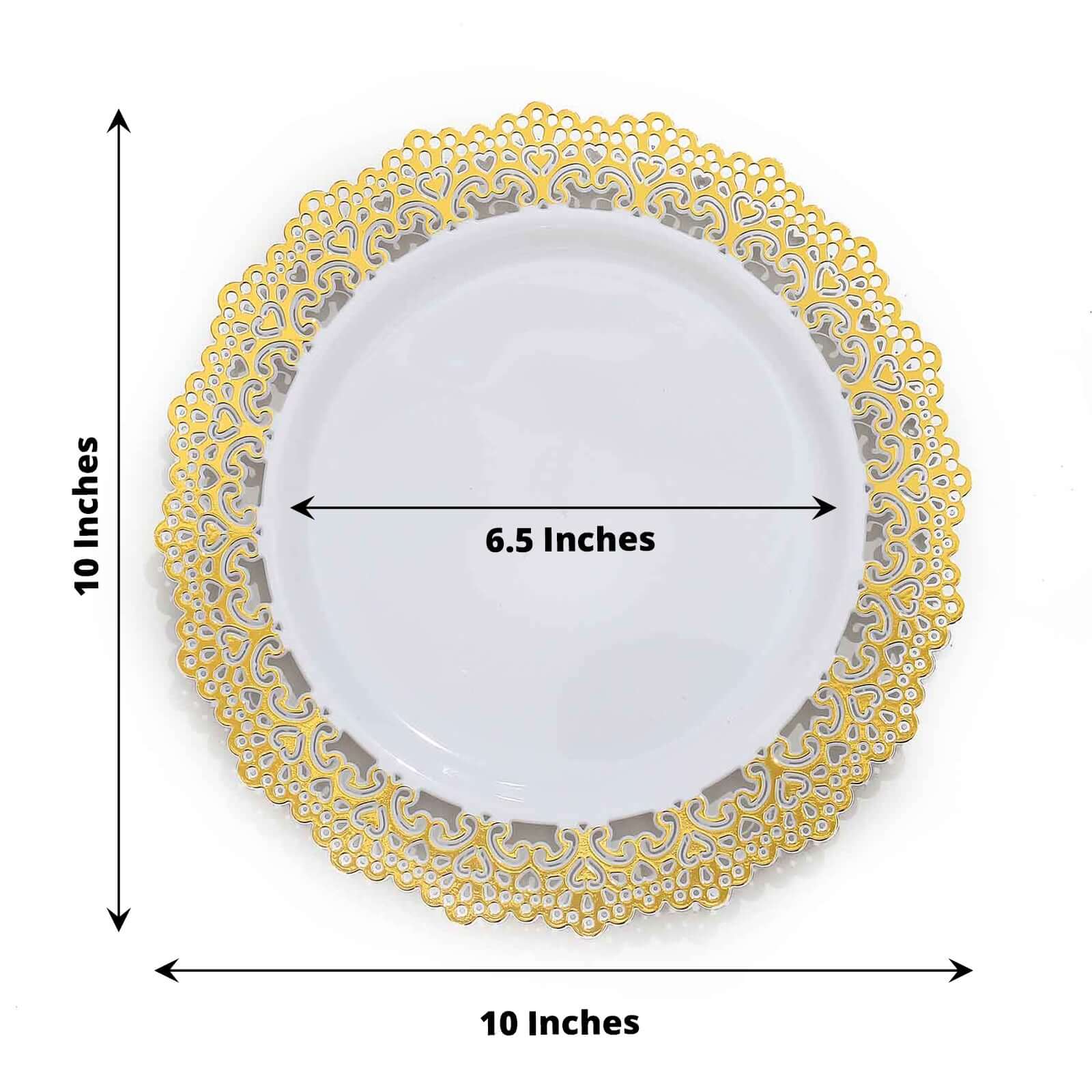 10-Pack Plastic 10 Round Dinner Plates in White with Gold Lace Rim - Disposable Party Plates for Classy Events & Banquets