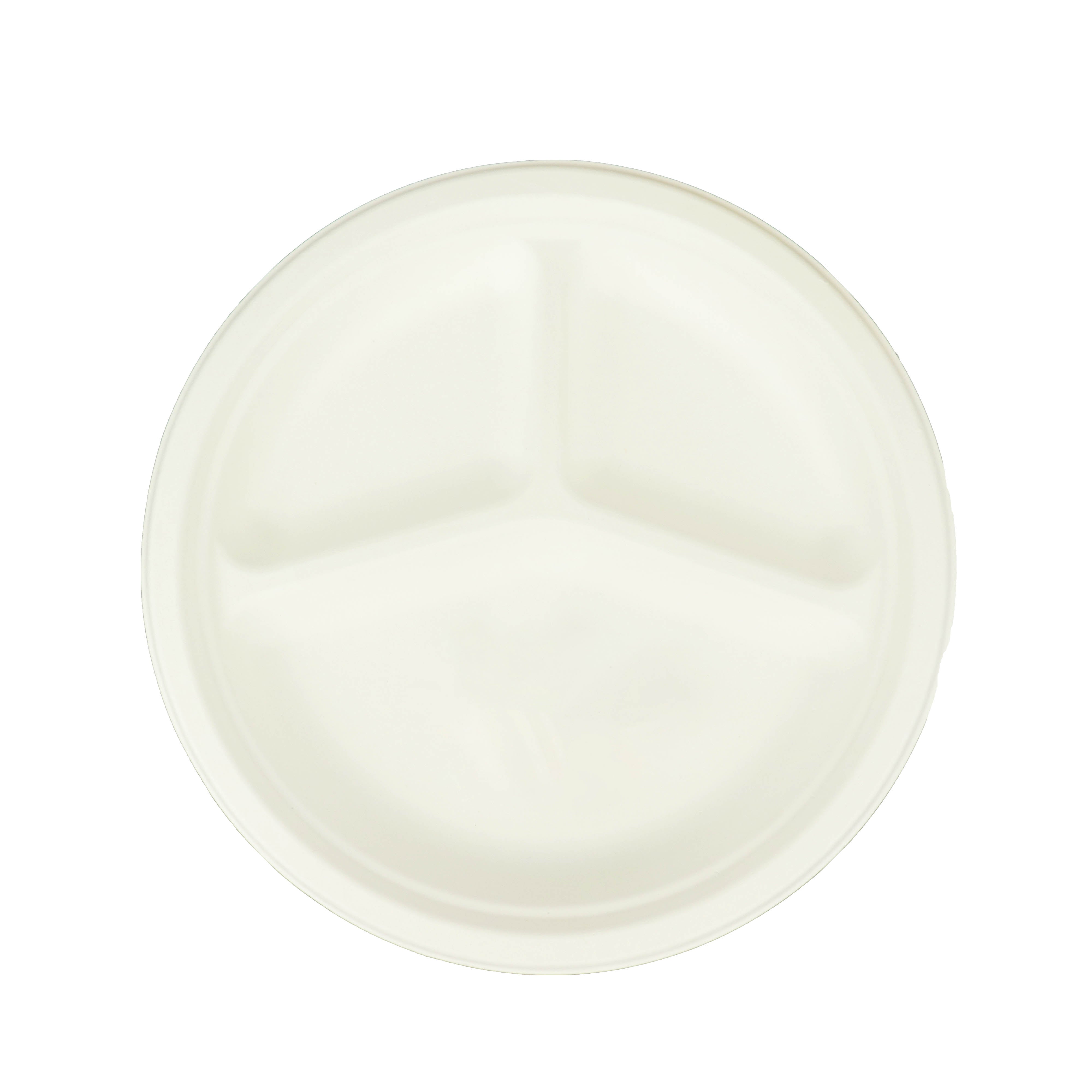 50-Pack Bagasse 10 Round Dinner Plates in White with 3-Compartments - Eco Friendly Biodegradable Sugarcane Divided Plates for Food Trucks Catering & Events