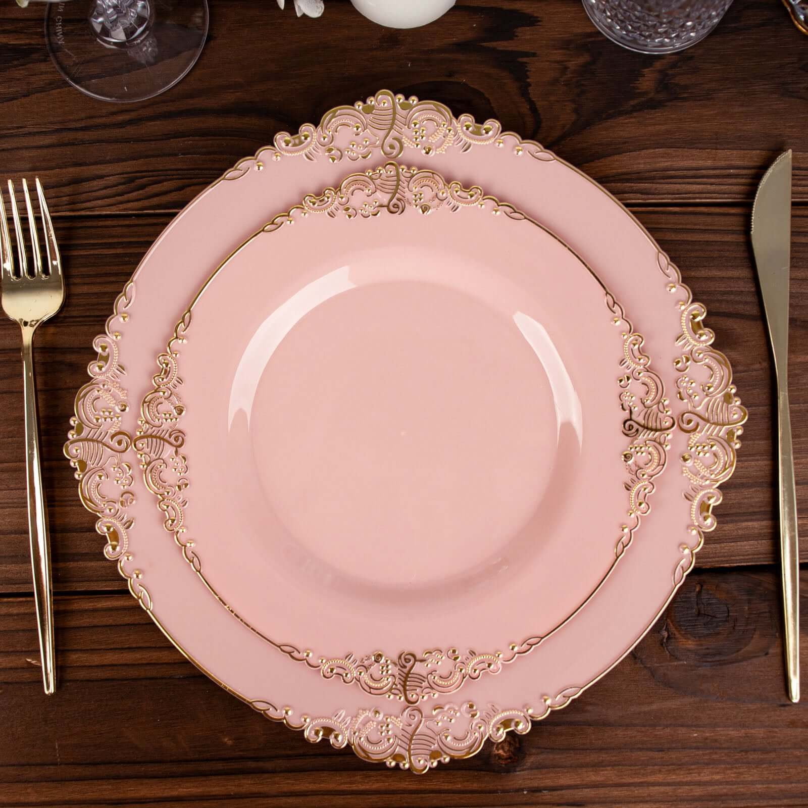 10-Pack Plastic 8 Round Dessert Plates in Dusty Rose with Gold Leaf Embossed Rim - Disposable Vintage Baroque Style Salad Plates