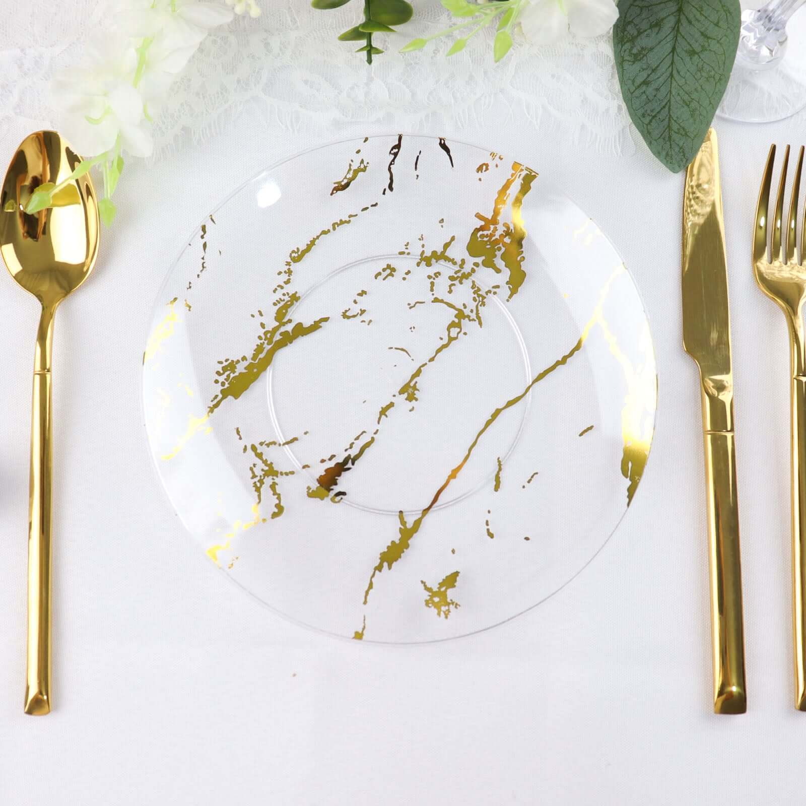 10-Pack Plastic 8 Round Dessert Plates in Clear with Gold Marble Print - Disposable Appetizer/Salad Plates for Chic Banquets & Special Occasions