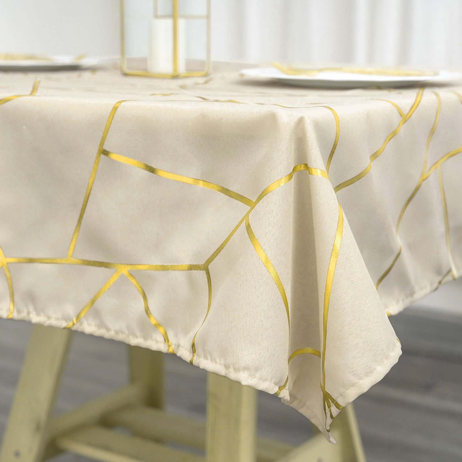 Polyester 54x54 Square Tablecloth Beige with Gold Foil Geometric Pattern - Wrinkle-Resistant & Durable Table Cover