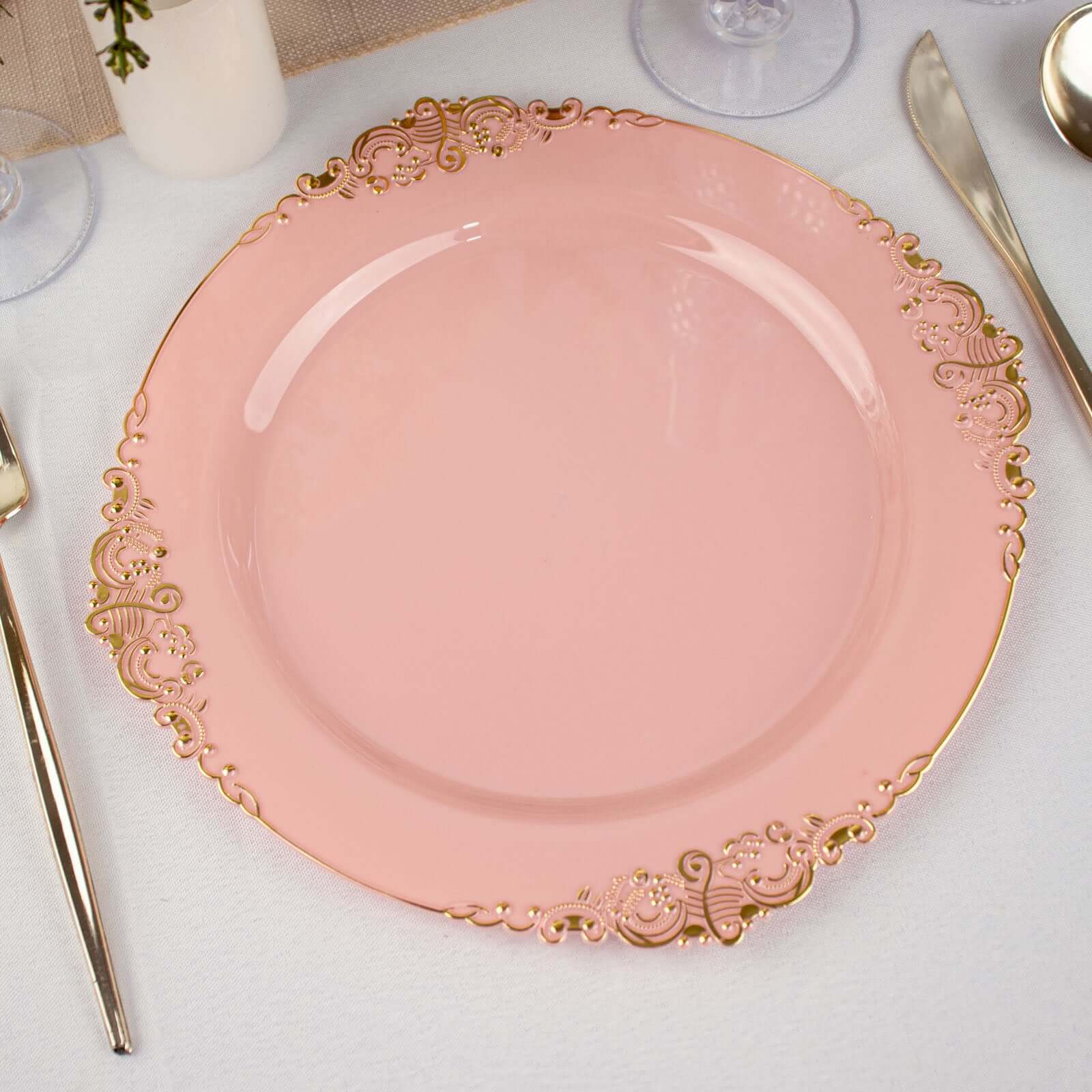 10-Pack Plastic 10 Round Dinner Plates in Dusty Rose with Gold Leaf Embossed Rim - Disposable Vintage Baroque Style Plates