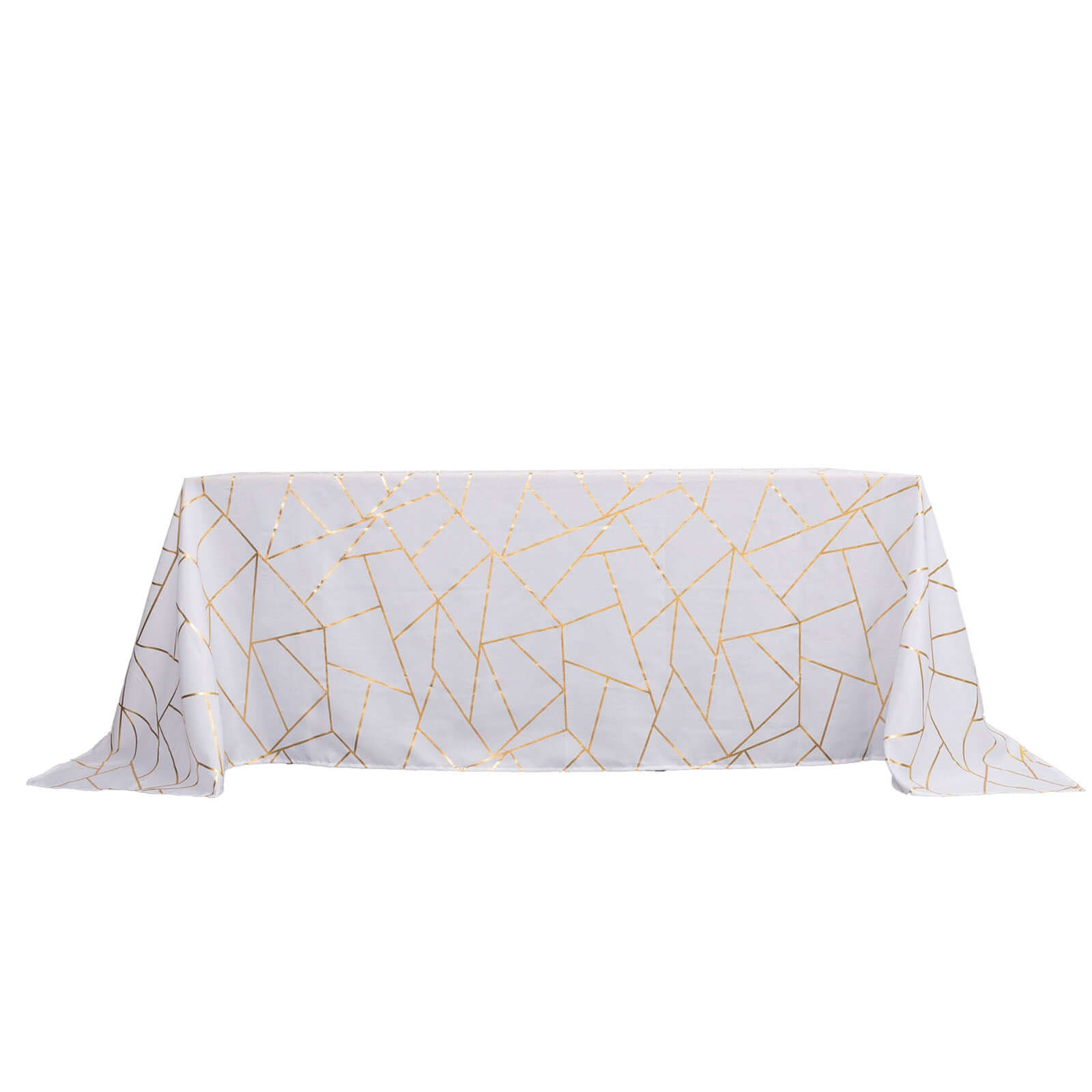 Polyester 90x132 Rectangle Tablecloth White Seamless with Gold Foil Geometric Pattern - Wrinkle-Resistant Seamless Table Cover for Sophisticated Events