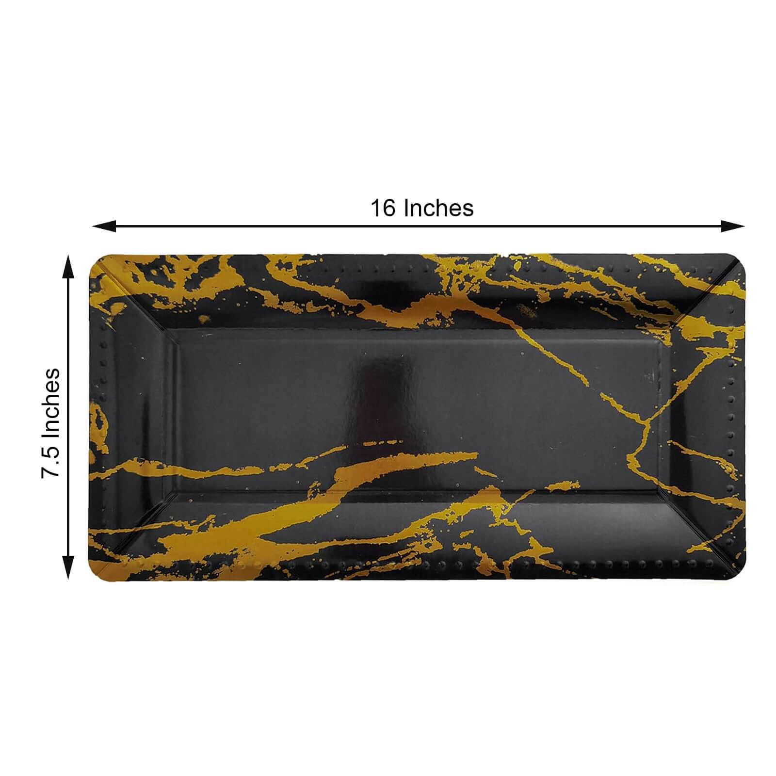 10-Pack Paper 16 Rectangle Serving Trays Black/Gold - Durable 1100GSM Disposable Food Platters with Modern Marble Design for Dessert Tables & Food Stations