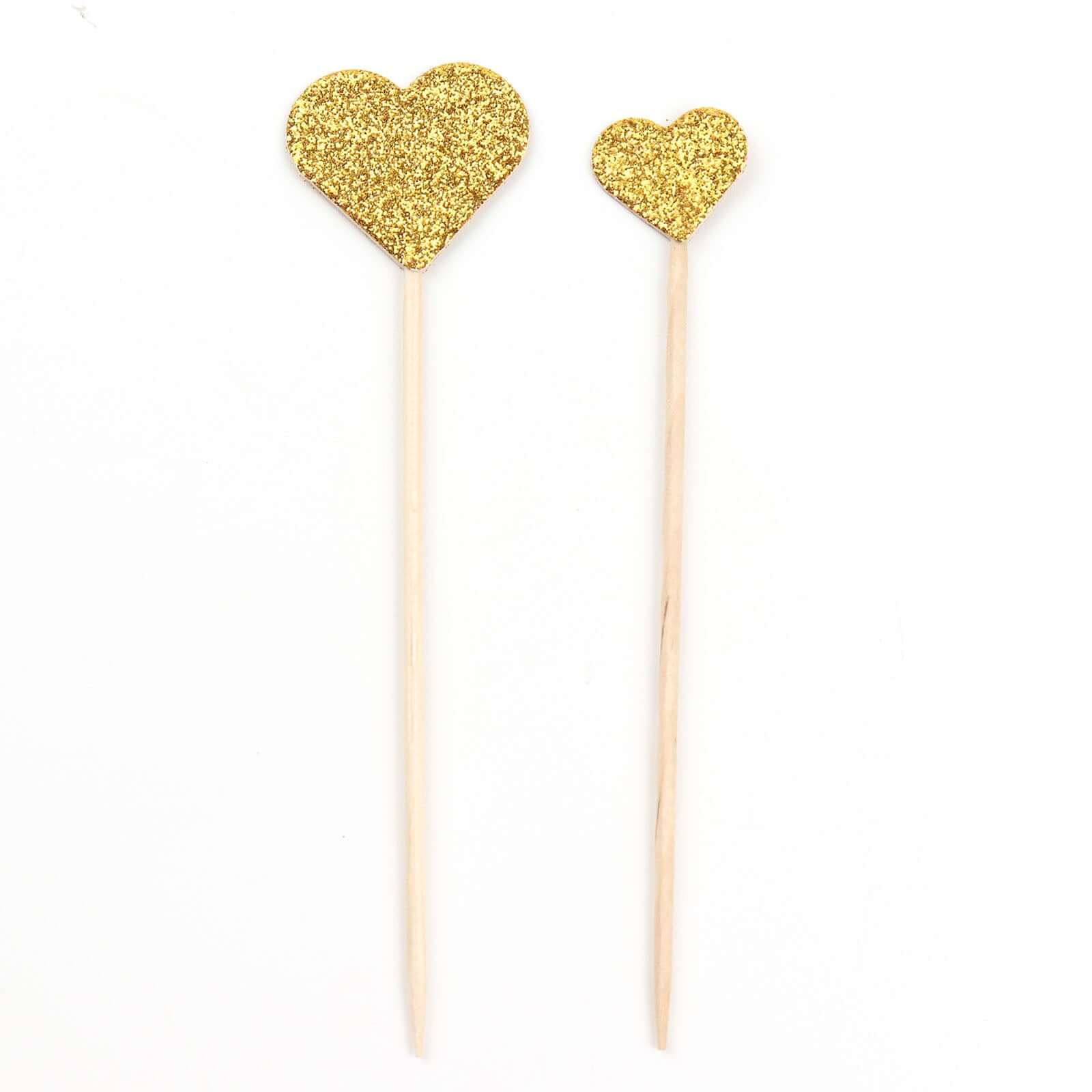 24-Pack Cupcake Topper Picks Heart Shaped Design Glitter Gold - Party Cake Toppers 4.5, 4