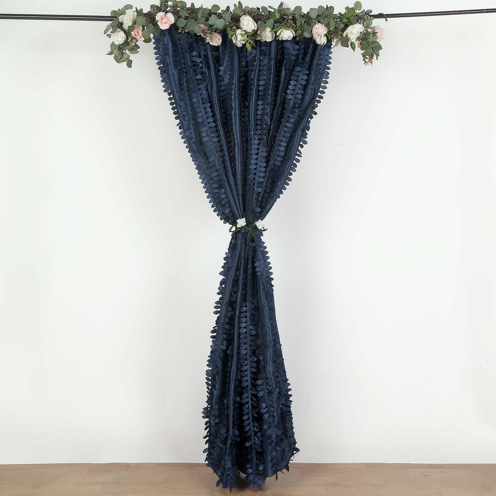 8ftx8ft Navy Blue 3D Leaf Petal Taffeta Event Curtain Drapes, Backdrop Event Panel With Rod Pocket