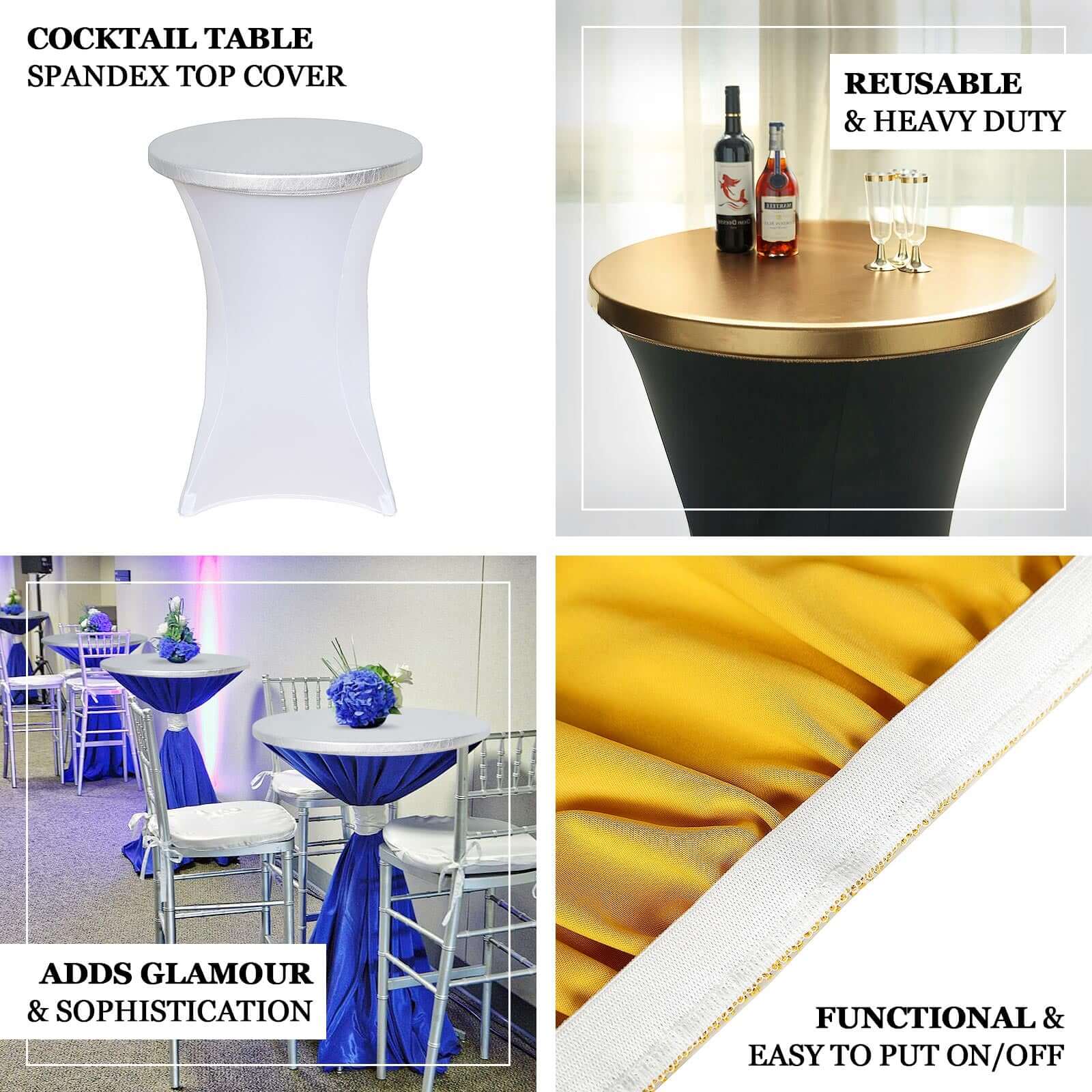 Spandex Cocktail Table Top Cover Fitted Metallic Gold - Stretchy & Wrinkle Free Topper for Weddings & Events