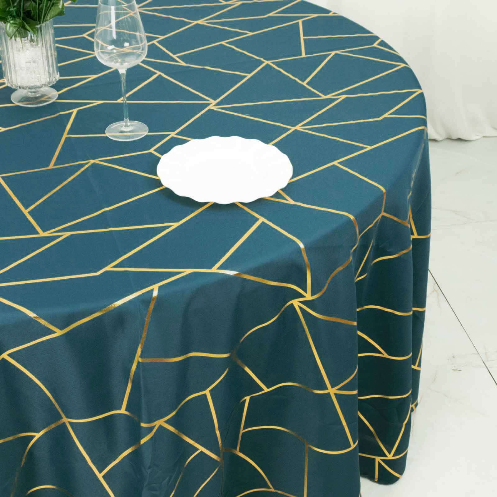 120 Peacock Teal Seamless Round Polyester Tablecloth With Gold Foil Geometric Pattern for 5 Foot Table With Floor-Length Drop