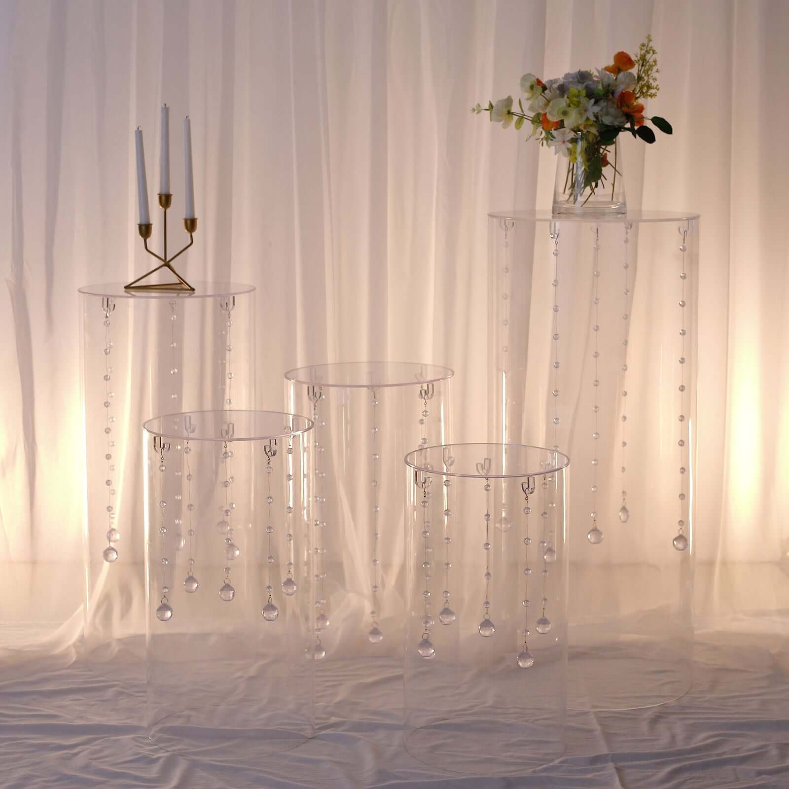 Set of 5 Clear Acrylic Cylinder Pedestal Stands, Wedding Pillar Plinth Column Cake Dessert Table Display With Hanging Hooks