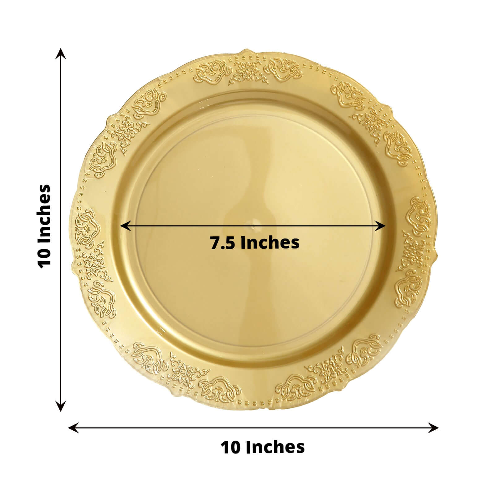 10-Pack Plastic 10 Round Dinner Plates Gold Embossed Scalloped Edge - Chic Disposable Party Plates for Special Occasions & Banquets