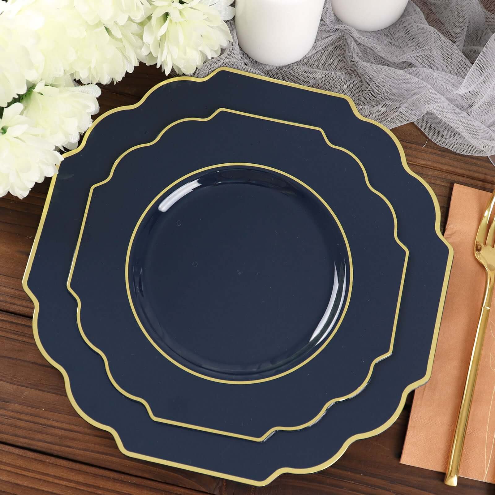 10 Pack 8 Navy Blue Hard Plastic Dessert Appetizer Plates, Disposable Tableware, Baroque Heavy Duty Salad Plates with Gold Rim