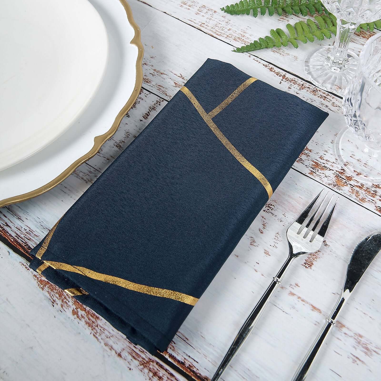 5 Pack Polyester 20x20 Napkins Navy Blue with Gold Geometric Foil Pattern - Modern Reusable Dinner Napkins