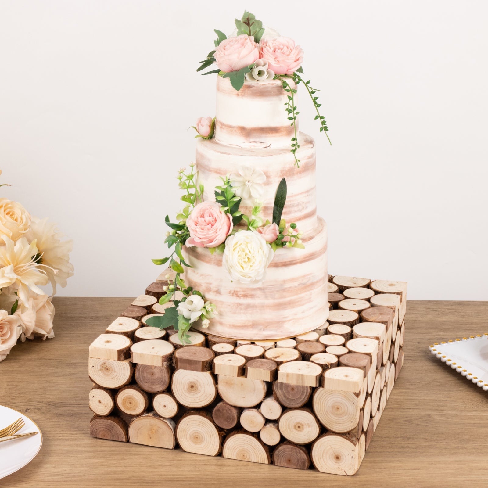 Wooden Cake Stand 14x14 Square Design Rustic Natural Slices - Farmhouse Display Box Pedestal Riser