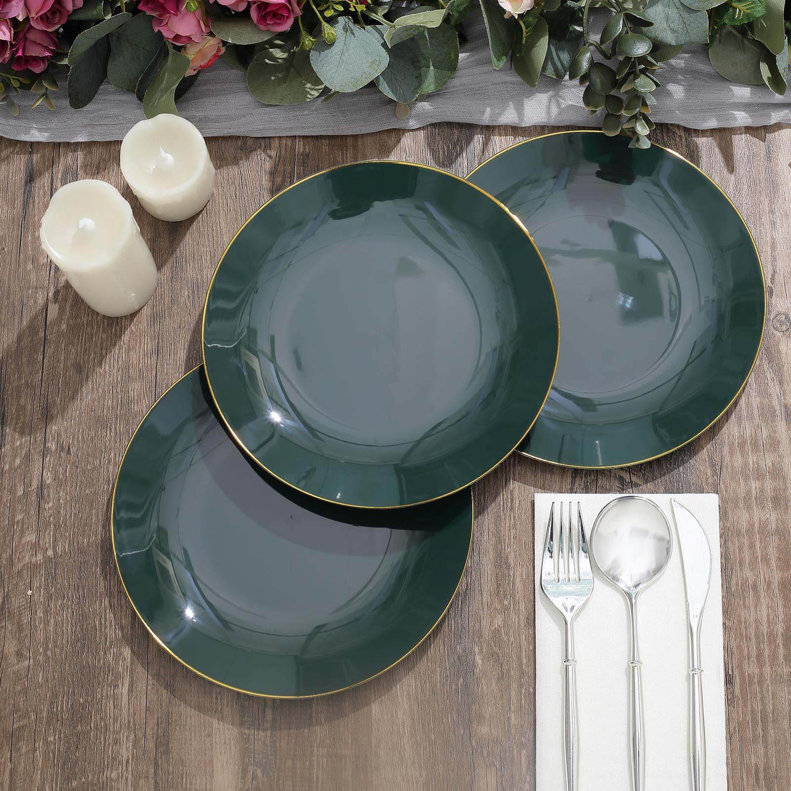 10-Pack Plastic 8 Round Dessert Plates in Hunter Emerald Green with Gold Rim - Glossy Disposable Appetizer Salad Plates