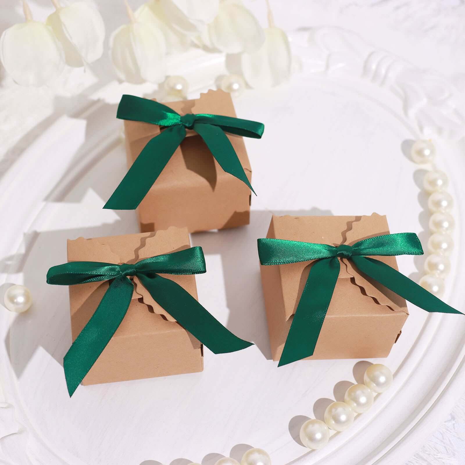 50 Pcs 3 Satin Ribbon Bows With Twist Ties, Gift Basket Party Favor Bags Decor - Hunter Emerald Green Classic Style