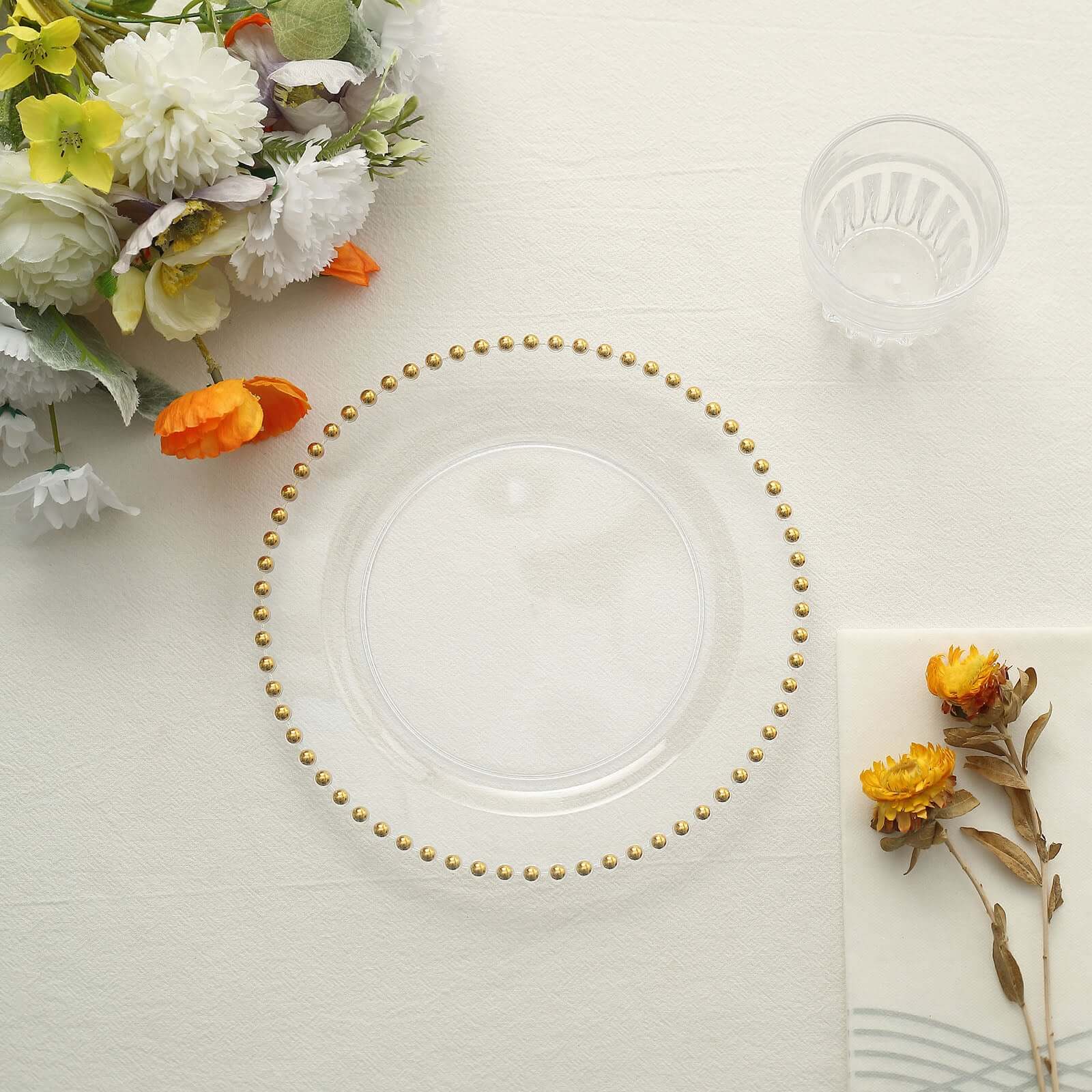 10-Pack Plastic 8 Round Appetizer Dessert Plates in Clear with Gold Beaded Rim - Disposable Salad Plates