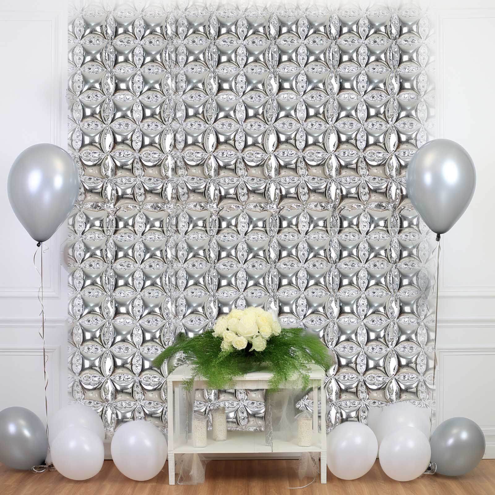 10 Pack Metallic Silver Double Row Mylar Foil Balloon Wall, Square Diamond Design Balloon Backdrop - 43x11