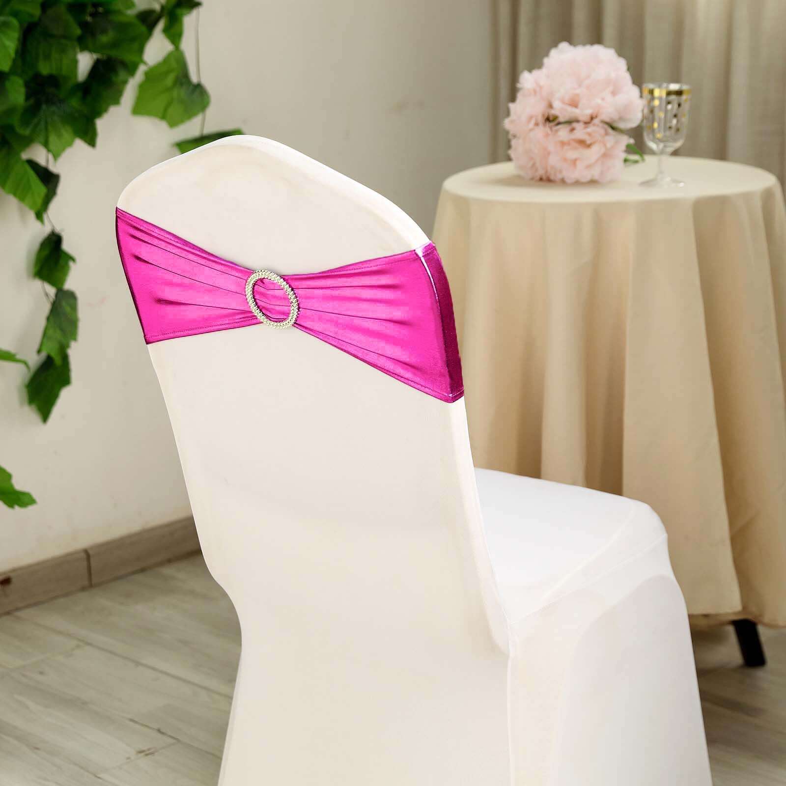 5 Pack Metallic Spandex Chair Sashes Fuchsia - Stretch Fit Chair Bands With Round Diamond Buckles