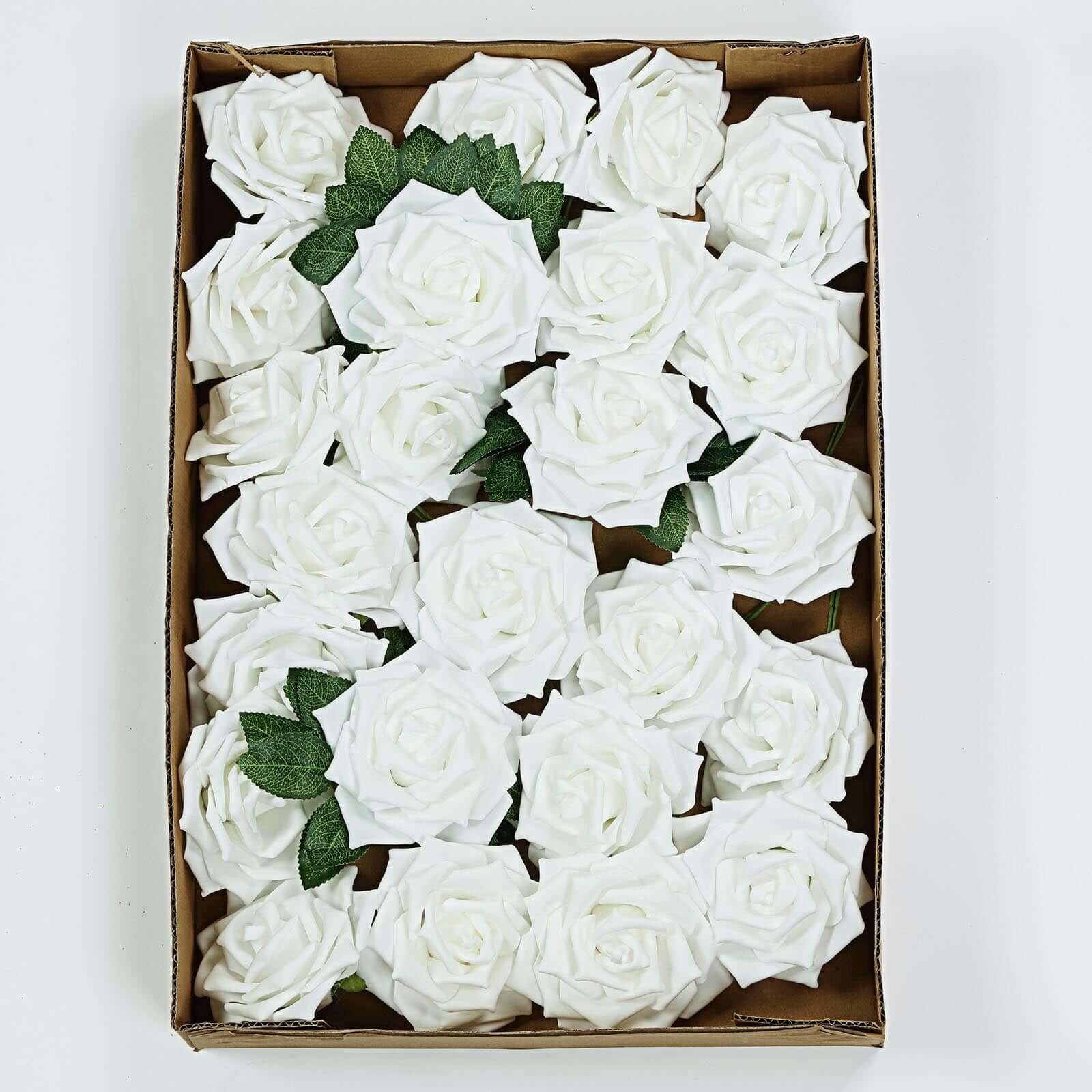 24 Roses 5 White Artificial Foam Flowers With Stem Wire and Leaves