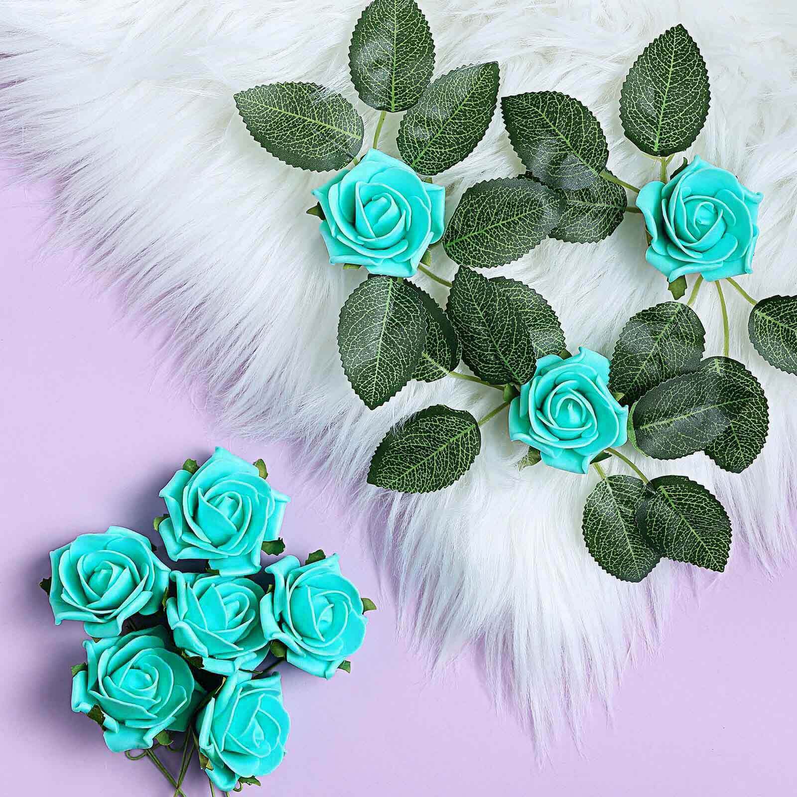 24 Roses 2 Turquoise Artificial Foam Flowers With Stem Wire and Leaves