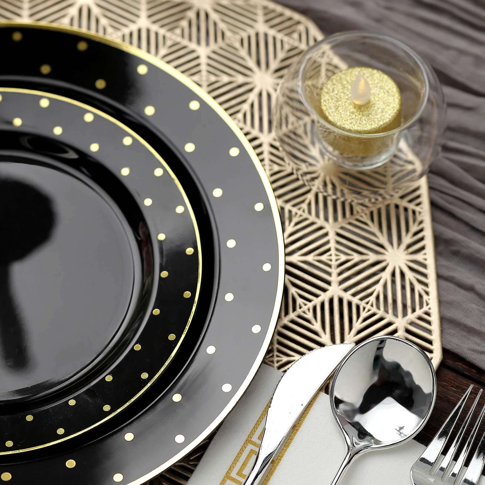 10 Pack 7.5 Black With Gold Dot Rim Plastic Dessert Plates, Round Salad Disposable Tableware Plates