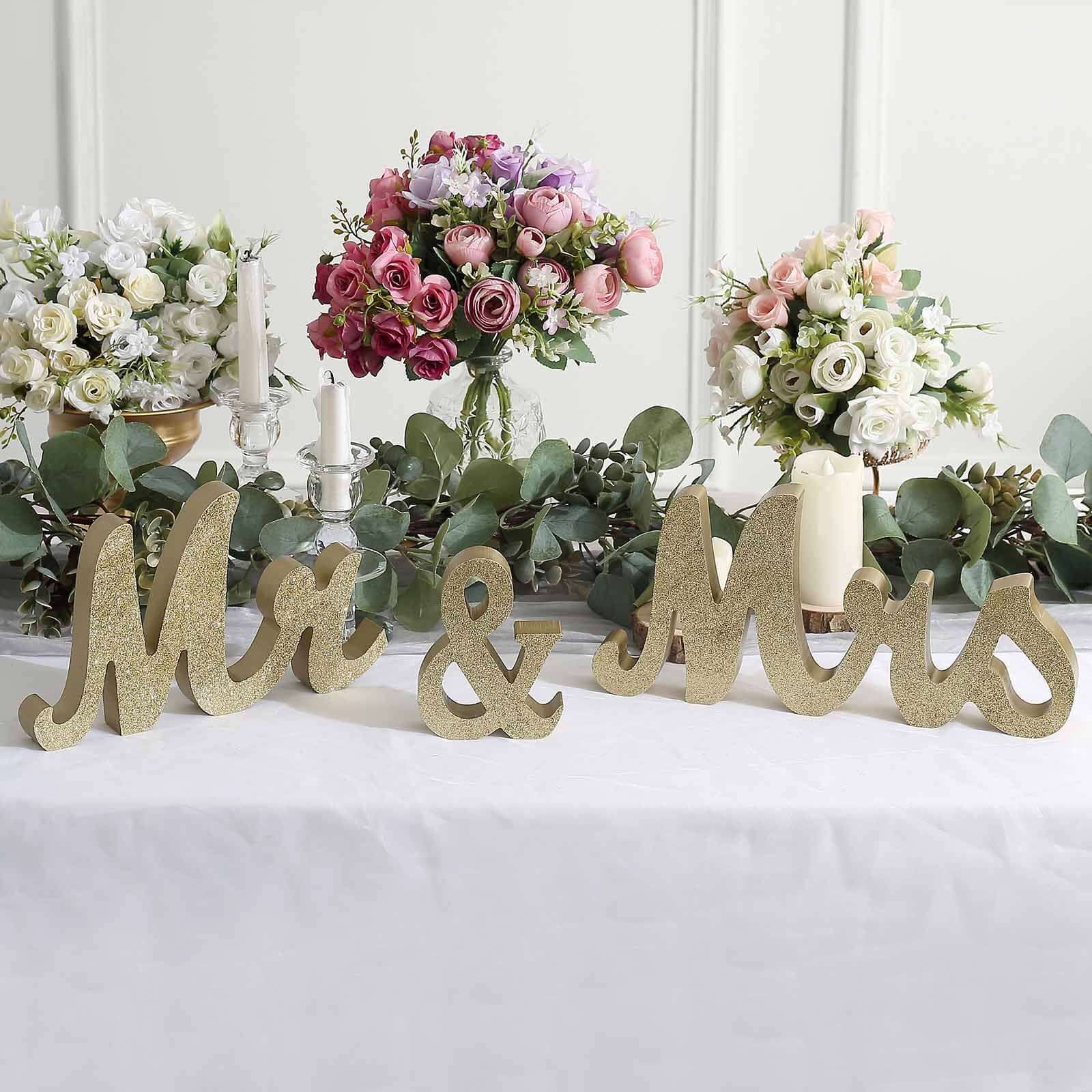 Wooden Mr & Mrs Freestanding Letters Gold Glittered - Rustic Glam Wedding Table Display Signs