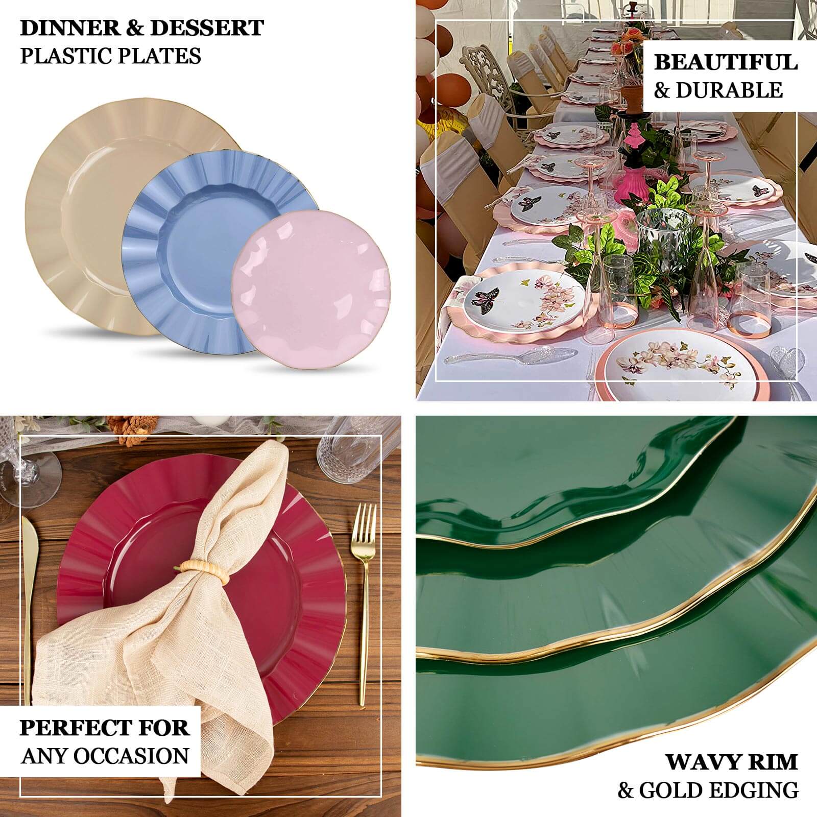 10-Pack Plastic Round 6 Dessert Plates in Dusty Sage Green Ruffled Rim with Gold Edging - Sturdy Disposable Salad Appetizer Dinnerware
