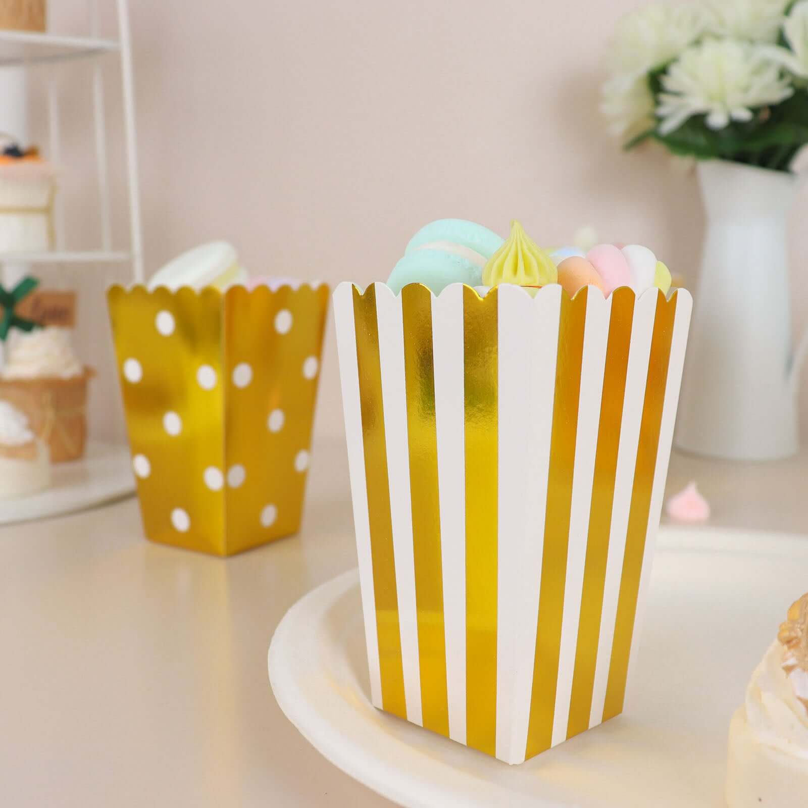 36 Pack 5 White Gold Design Mini Paper Popcorn Boxes, Candy Favor Disposable Bags - Stripe, Polka Dot, Solid Style