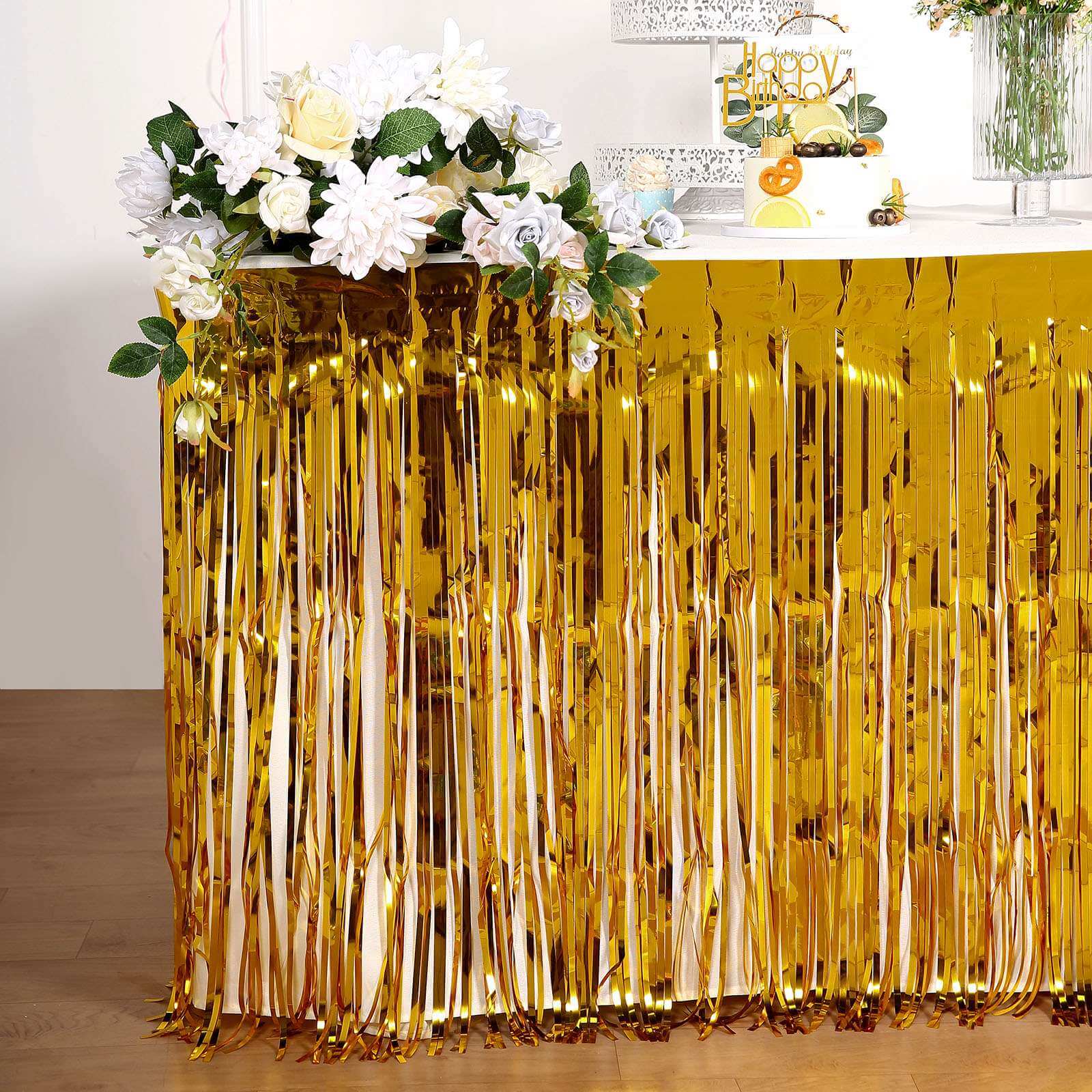 Metallic Foil Fringe Table Skirt Gold with Self Adhesive Backing - Durable Tinsel Skirt for Parties 30x9ft