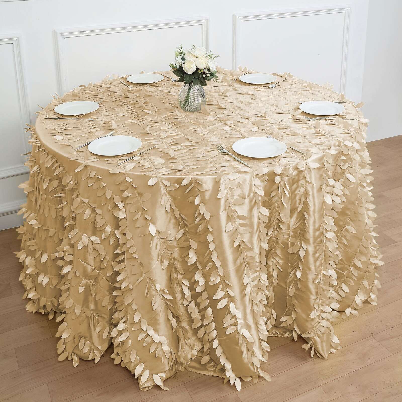 Taffeta 120 Round Tablecloth Champagne 3D | 3D Leaf Petal Design Seamless Table Cover