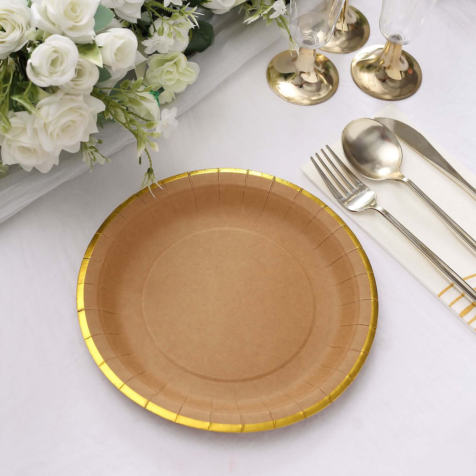 25-Pack Kraft Paper 8 Round Dessert Plates in Natural Brown with Gold Lined Rim - Disposable Salad Appetizer Plates for Rustic & Vintage Inspired Events