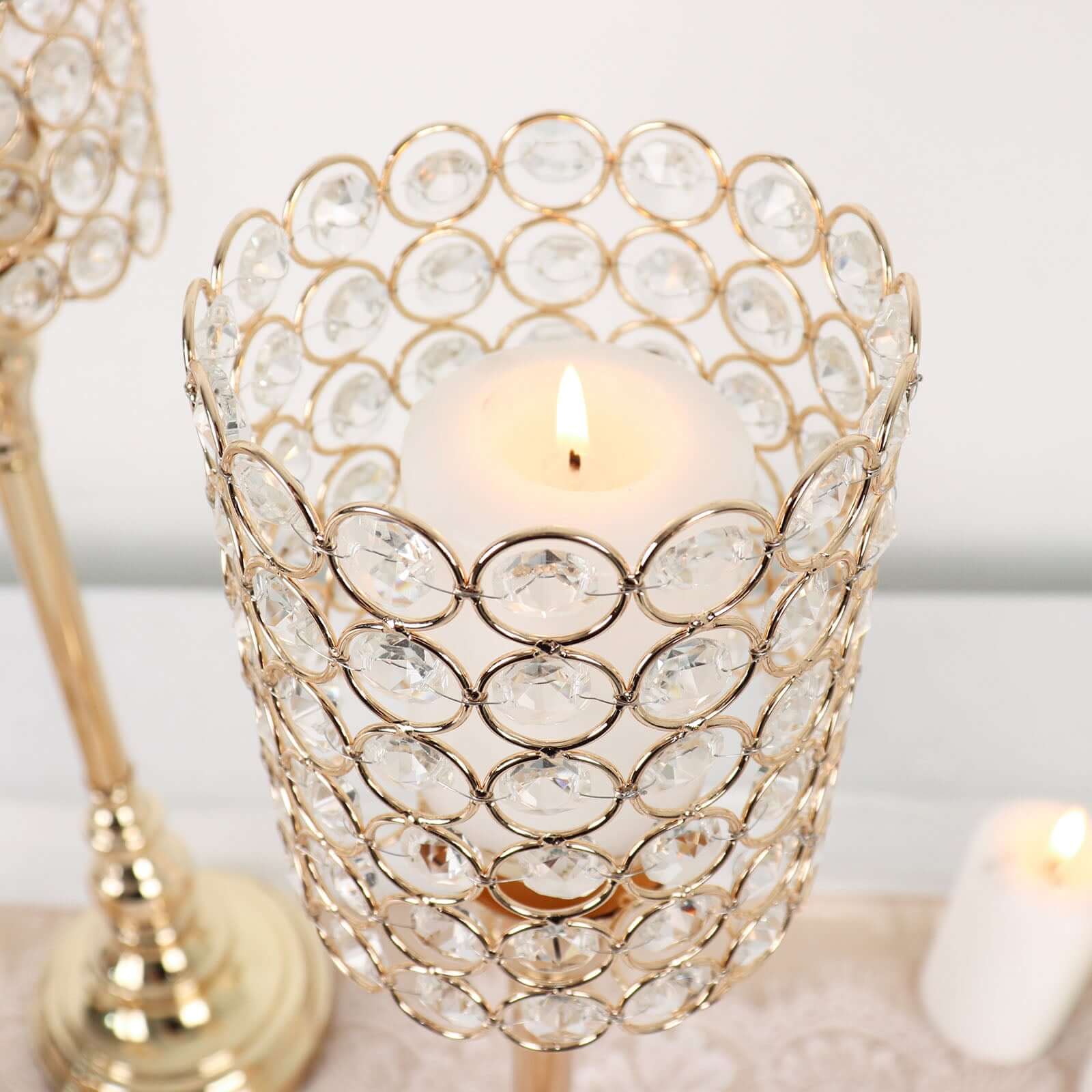 Set of 3 Crystal Beaded Goblet Votive Candle Holder Stands Gold - Tea Light Centerpiece 18, 16, 14